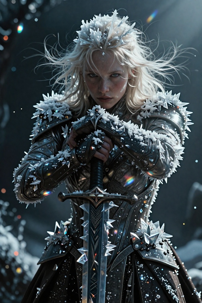 A chillingly beautiful and stoic cinematic portrait of a pale blonde ice warrior leaning on a heavy,  ancient dark sword,...