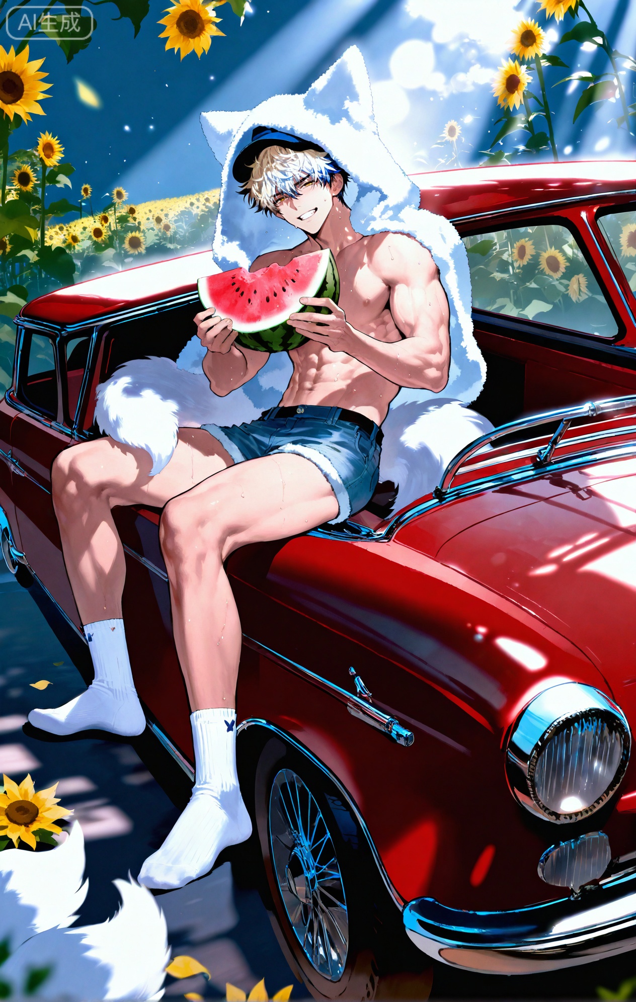 (artist:mazjojo:0.83),(artist:pigeon666:0.67),(artist:zawar379:0.77),(artist:remsrar:0.65),(artist:yoneyama mai:0.74),(artist:chimmyming:0.72),masterpiece,4k,hd,HDR,amazing quality,best quality,high resolution,goldenfieldszho,newest,very aesthetic,ultra-detailed,absurdres,perfect lighting,volumetric lighting,(bright, harsh sunlight of a summer day),shadowing,(good shadowing),depth of field,scenery,amazing aesthetics,cinematic lighting,cinematic,shading,(good shading),counter shading,subsurface scattering,intricate details,illustration,perfect hands,1boy,handsome,interesting,male focus,bara,sexy,solo,wiping sweat from his brow with his arm,
(a bright, energetic smile:1.4),(squinting slightly against the sun:1.2),
muscular male,abs,large pectorals,sweaty,
wearing (a white **** top:1.3), (denim shorts:1.4), (white ankle socks:1.4),(a baseball cap worn backwards:1.2),(nine fluffy white fox tails, spread out on the car hood:1.5),
(sitting on the hood of a vintage red car, holding a slice of watermelon:1.5),(taking a big bite of the watermelon:1.3),
background: a country road,sunflower field in the distance,backlit,dynamic pose,dynamic angle,detailed background,full body,bishounen,tall male,close-up,(soft color images:1.4),light particles,lens flare



Small note art style,,xiaozhitiao,yu xuan,multicolored hair,White dragon tail,White dragon horns,yellow eyes,white hair,blonde hair,1boy,bangs
,socks,white socks,dianmei