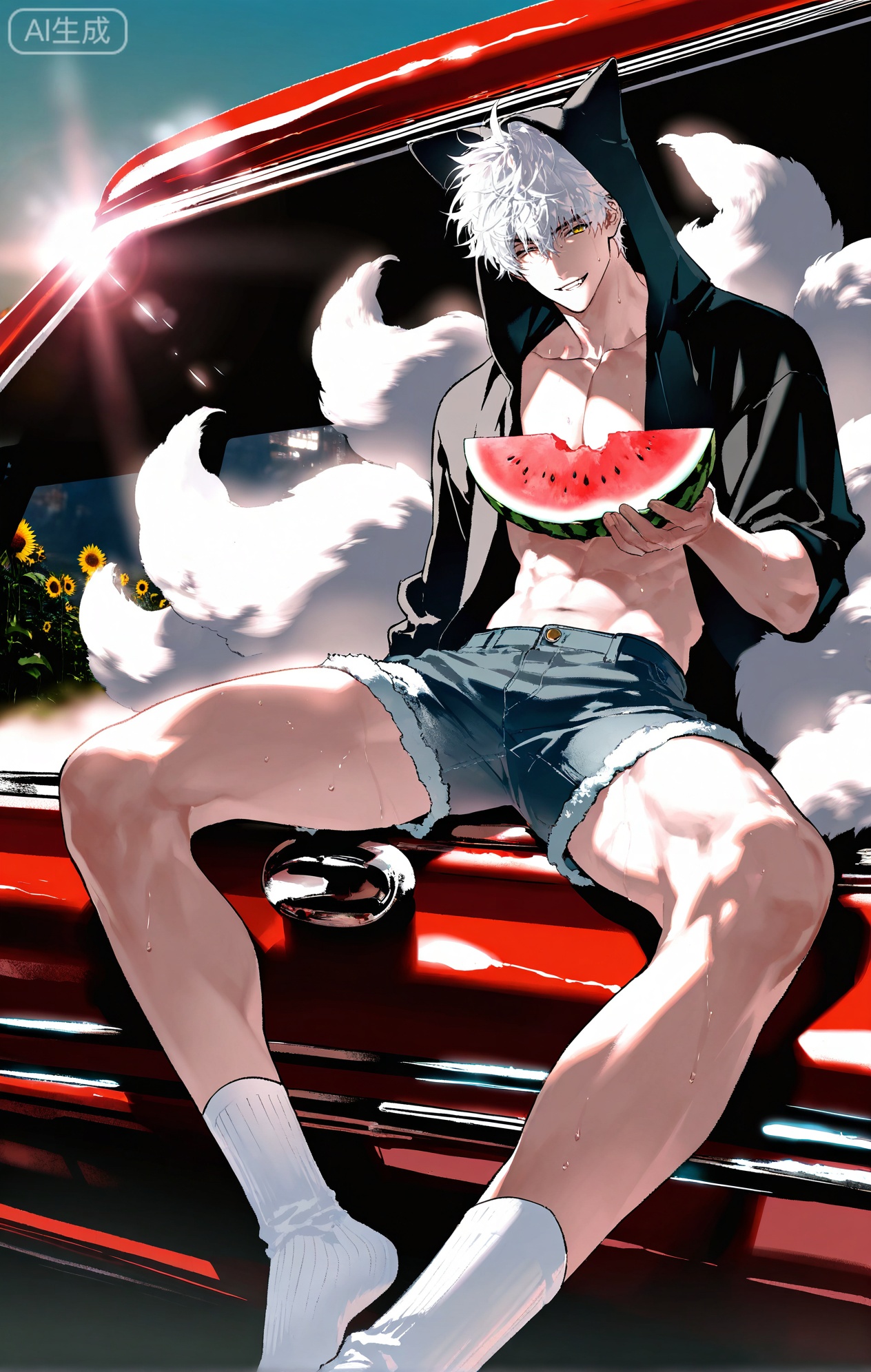 (artist:mazjojo:0.83),(artist:pigeon666:0.67),(artist:zawar379:0.77),(artist:remsrar:0.65),(artist:yoneyama mai:0.74),(artist:chimmyming:0.72),masterpiece,4k,hd,HDR,amazing quality,best quality,high resolution,goldenfieldszho,newest,very aesthetic,ultra-detailed,absurdres,perfect lighting,volumetric lighting,(bright, harsh sunlight of a summer day),shadowing,(good shadowing),depth of field,scenery,amazing aesthetics,cinematic lighting,cinematic,shading,(good shading),counter shading,subsurface scattering,intricate details,illustration,perfect hands,1boy,handsome,interesting,male focus,bara,sexy,solo,wiping sweat from his brow with his arm,
(a bright, energetic smile:1.4),(squinting slightly against the sun:1.2),
muscular male,abs,large pectorals,sweaty,
wearing (a white **** top:1.3), (denim shorts:1.4), (white ankle socks:1.4),(a baseball cap worn backwards:1.2),(nine fluffy white fox tails, spread out on the car hood:1.5),
(sitting on the hood of a vintage red car, holding a slice of watermelon:1.5),(taking a big bite of the watermelon:1.3),
background: a country road,sunflower field in the distance,backlit,dynamic pose,dynamic angle,detailed background,full body,bishounen,tall male,close-up,(soft color images:1.4),light particles,lens flare



Small note art style,,xiaozhitiao,yu xuan,multicolored hair,White dragon tail,White dragon horns,yellow eyes,white hair,blonde hair,1boy,bangs
,socks,white socks,dianmei