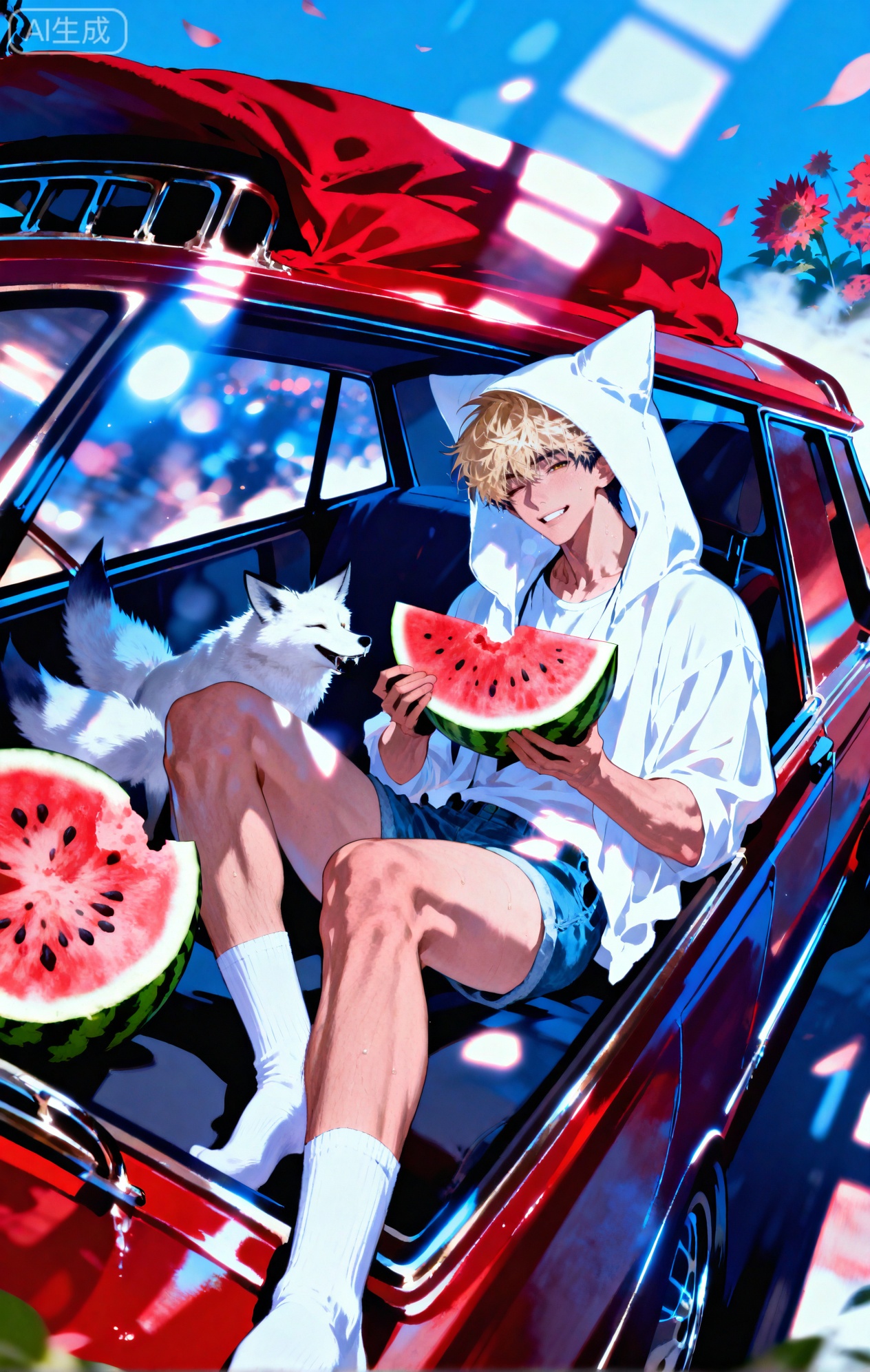 (artist:mazjojo:0.83),(artist:pigeon666:0.67),(artist:zawar379:0.77),(artist:remsrar:0.65),(artist:yoneyama mai:0.74),(artist:chimmyming:0.72),masterpiece,4k,hd,HDR,amazing quality,best quality,high resolution,goldenfieldszho,newest,very aesthetic,ultra-detailed,absurdres,perfect lighting,volumetric lighting,(bright, harsh sunlight of a summer day),shadowing,(good shadowing),depth of field,scenery,amazing aesthetics,cinematic lighting,cinematic,shading,(good shading),counter shading,subsurface scattering,intricate details,illustration,perfect hands,1boy,handsome,interesting,male focus,bara,sexy,solo,wiping sweat from his brow with his arm,
(a bright, energetic smile:1.4),(squinting slightly against the sun:1.2),
muscular male,abs,large pectorals,sweaty,
wearing (a white **** top:1.3), (denim shorts:1.4), (white ankle socks:1.4),(a baseball cap worn backwards:1.2),(nine fluffy white fox tails, spread out on the car hood:1.5),
(sitting on the hood of a vintage red car, holding a slice of watermelon:1.5),(taking a big bite of the watermelon:1.3),
background: a country road,sunflower field in the distance,backlit,dynamic pose,dynamic angle,detailed background,full body,bishounen,tall male,close-up,(soft color images:1.4),light particles,lens flare



Small note art style,,xiaozhitiao,yu xuan,multicolored hair,White dragon tail,White dragon horns,yellow eyes,white hair,blonde hair,1boy,bangs
,socks,white socks,dianmei