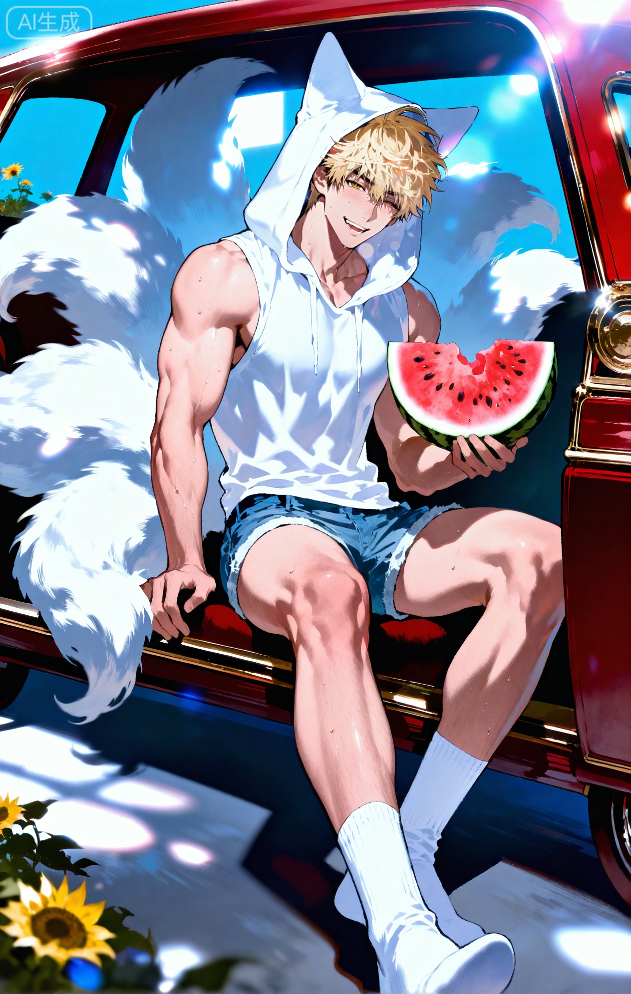 (artist:mazjojo:0.83),(artist:pigeon666:0.67),(artist:zawar379:0.77),(artist:remsrar:0.65),(artist:yoneyama mai:0.74),(artist:chimmyming:0.72),masterpiece,4k,hd,HDR,amazing quality,best quality,high resolution,goldenfieldszho,newest,very aesthetic,ultra-detailed,absurdres,perfect lighting,volumetric lighting,(bright, harsh sunlight of a summer day),shadowing,(good shadowing),depth of field,scenery,amazing aesthetics,cinematic lighting,cinematic,shading,(good shading),counter shading,subsurface scattering,intricate details,illustration,perfect hands,1boy,handsome,interesting,male focus,bara,sexy,solo,wiping sweat from his brow with his arm,
(a bright, energetic smile:1.4),(squinting slightly against the sun:1.2),
muscular male,abs,large pectorals,sweaty,
wearing (a white **** top:1.3), (denim shorts:1.4), (white ankle socks:1.4),(a baseball cap worn backwards:1.2),(nine fluffy white fox tails, spread out on the car hood:1.5),
(sitting on the hood of a vintage red car, holding a slice of watermelon:1.5),(taking a big bite of the watermelon:1.3),
background: a country road,sunflower field in the distance,backlit,dynamic pose,dynamic angle,detailed background,full body,bishounen,tall male,close-up,(soft color images:1.4),light particles,lens flare



Small note art style,,xiaozhitiao,yu xuan,multicolored hair,White dragon tail,White dragon horns,yellow eyes,white hair,blonde hair,1boy,bangs
,socks,white socks,dianmei