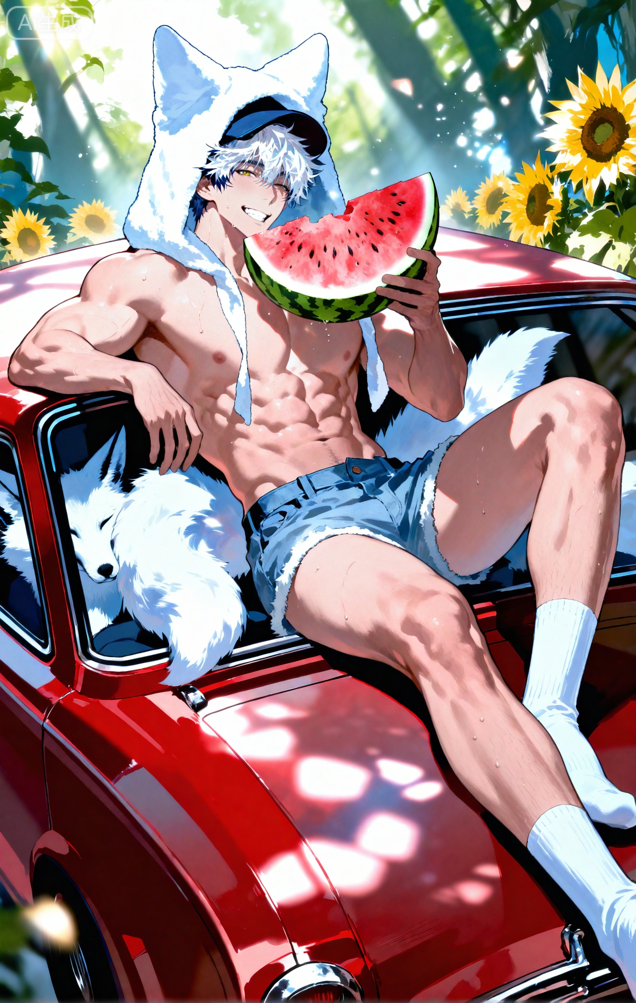 (artist:mazjojo:0.83),(artist:pigeon666:0.67),(artist:zawar379:0.77),(artist:remsrar:0.65),(artist:yoneyama mai:0.74),(artist:chimmyming:0.72),masterpiece,4k,hd,HDR,amazing quality,best quality,high resolution,goldenfieldszho,newest,very aesthetic,ultra-detailed,absurdres,perfect lighting,volumetric lighting,(bright, harsh sunlight of a summer day),shadowing,(good shadowing),depth of field,scenery,amazing aesthetics,cinematic lighting,cinematic,shading,(good shading),counter shading,subsurface scattering,intricate details,illustration,perfect hands,1boy,handsome,interesting,male focus,bara,sexy,solo,wiping sweat from his brow with his arm,
(a bright, energetic smile:1.4),(squinting slightly against the sun:1.2),
muscular male,abs,large pectorals,sweaty,
wearing (a white **** top:1.3), (denim shorts:1.4), (white ankle socks:1.4),(a baseball cap worn backwards:1.2),(nine fluffy white fox tails, spread out on the car hood:1.5),
(sitting on the hood of a vintage red car, holding a slice of watermelon:1.5),(taking a big bite of the watermelon:1.3),
background: a country road,sunflower field in the distance,backlit,dynamic pose,dynamic angle,detailed background,full body,bishounen,tall male,close-up,(soft color images:1.4),light particles,lens flare



Small note art style,,xiaozhitiao,yu xuan,multicolored hair,White dragon tail,White dragon horns,yellow eyes,white hair,blonde hair,1boy,bangs
,socks,white socks,dianmei