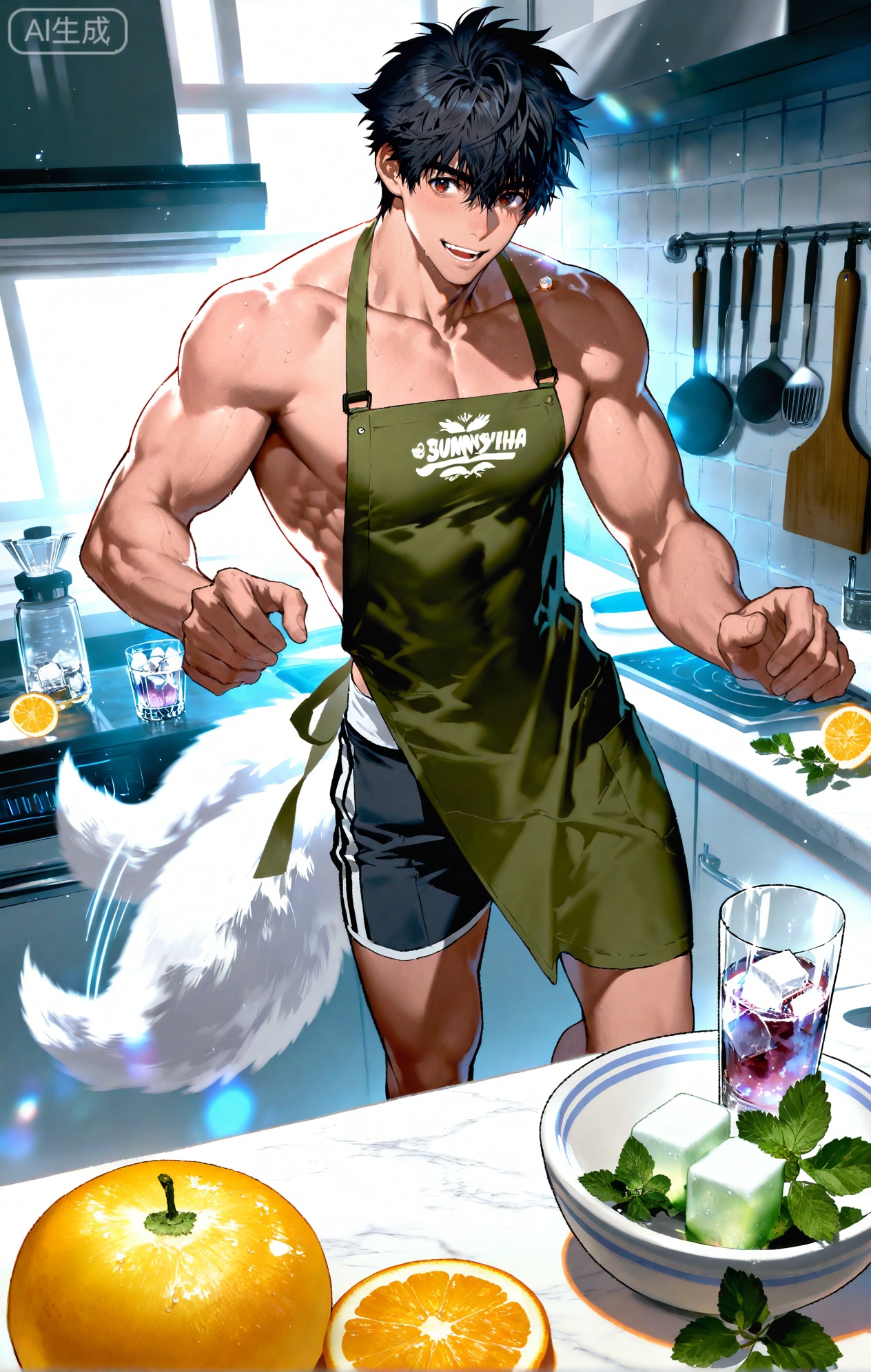 (artist:mazjojo:0.83),(artist:pigeon666:0.67),(artist:zawar379:0.77),(artist:remsrar:0.65),(artist:yoneyama mai:0.74),(artist:chimmyming:0.72),masterpiece,4k,hd,HDR,amazing quality,best quality,high resolution,goldenfieldszho,newest,very aesthetic,ultra-detailed,absurdres,perfect lighting,volumetric lighting,(bright, sunny kitchen lighting),shadowing,(good shadowing),depth of field,scenery,amazing aesthetics,cinematic lighting,cinematic,shading,(good shading),counter shading,subsurface scattering,intricate details,illustration,perfect hands,1boy,handsome,interesting,male focus,bara,sexy,solo,focused on his task,
(a content, happy smile as he works:1.4),(humming a tune:1.2),
muscular male,abs,large pectorals,
wearing (a simple apron over a **** top and shorts:1.5),(nine fluffy white fox tails, wagging slightly as he concentrates:1.5),
(standing at a kitchen counter, dropping ice cubes into a tall glass:1.5),(a blender filled with fruit smoothie nearby:1.3),
background: modern kitchen,bowls of fresh fruit (lemons, mint, berries),sunlight,backlit,dynamic pose,dynamic angle,detailed background,full body,bishounen,tall male,close-up,(soft color images:1.3),light particles,lens flare



,,xiaozhitiao