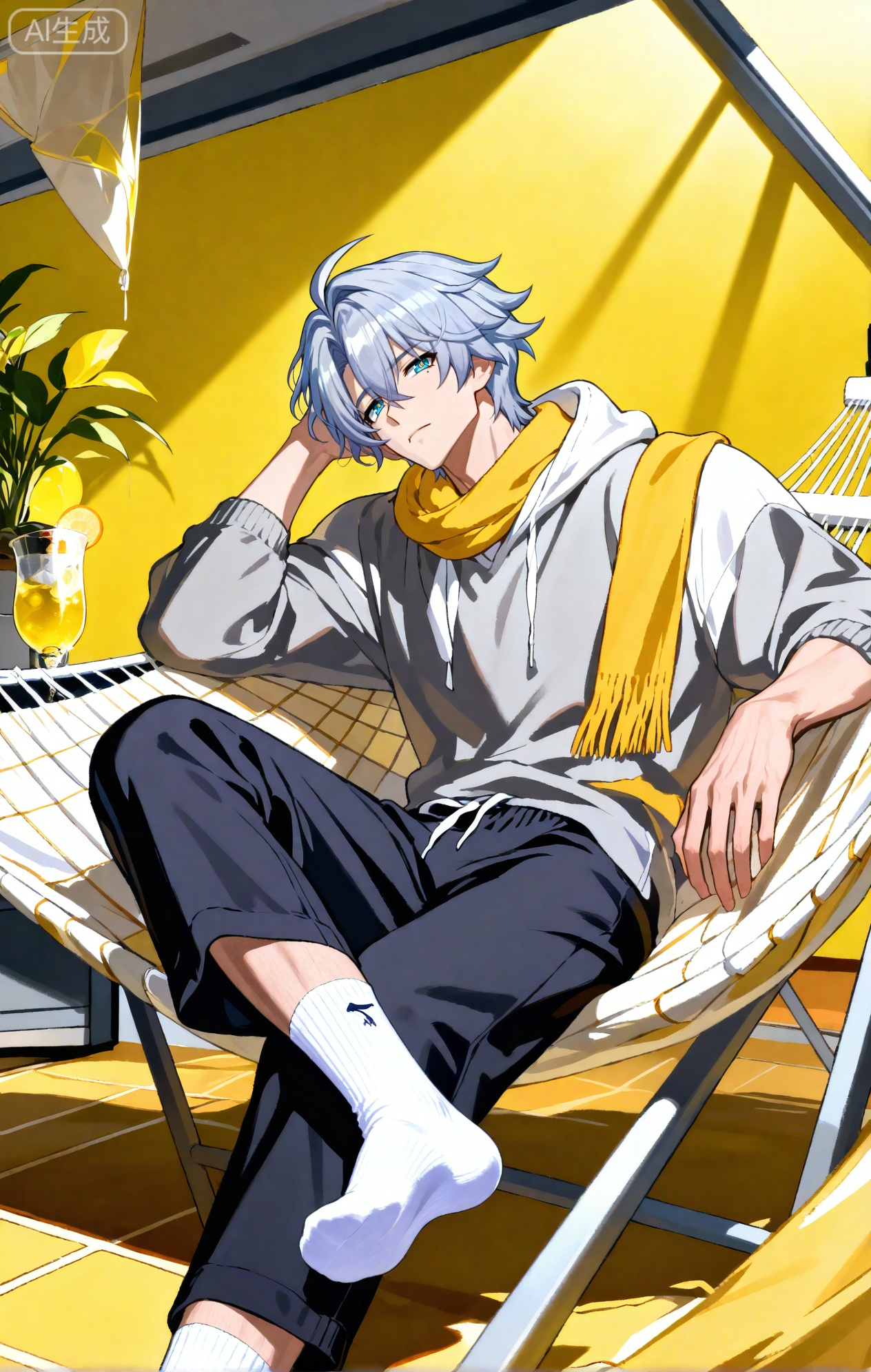 Small note art style,,xiaozhitiao,phainon (honkai: star rail)1boy,bangs ,socks,white socks,dianmei (artist:mazjojo:0.53),(artist:pigeon666:0.37),(artist:zawar379:0.57),(artist:remsrar:0.35),(artist:yoneyama mai:0.64),(yokoyari mengo:0.6),1boy,male focus,solo,medium - length wavy hair,hooded pajamas,hood down, a light - brown knitted scarf draped over his shoulders, his toned abs visible as he dozes off in a hammock on a wooden patio. The hammock is strung between two posts, and there's a small side table with a half - read book and a glass of lemonade. Potted ferns line the edges of the patio, and the afternoon sun casts a warm, yellow glow.,