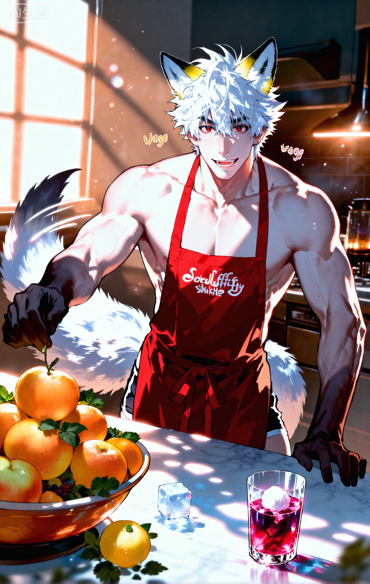 (artist:mazjojo:0.83),(artist:pigeon666:0.67),(artist:zawar379:0.77),(artist:remsrar:0.65),(artist:yoneyama mai:0.74),(artist:chimmyming:0.72),masterpiece,4k,hd,HDR,amazing quality,best quality,high resolution,goldenfieldszho,newest,very aesthetic,ultra-detailed,absurdres,perfect lighting,volumetric lighting,(bright, sunny kitchen lighting),shadowing,(good shadowing),depth of field,scenery,amazing aesthetics,cinematic lighting,cinematic,shading,(good shading),counter shading,subsurface scattering,intricate details,illustration,perfect hands,1boy,handsome,interesting,male focus,bara,sexy,solo,focused on his task,
(a content, happy smile as he works:1.4),(humming a tune:1.2),
muscular male,abs,large pectorals,
wearing (a simple apron over a **** top and shorts:1.5),(nine fluffy white fox tails, wagging slightly as he concentrates:1.5),
(standing at a kitchen counter, dropping ice cubes into a tall glass:1.5),(a blender filled with fruit smoothie nearby:1.3),
background: modern kitchen,bowls of fresh fruit (lemons, mint, berries),sunlight,backlit,dynamic pose,dynamic angle,detailed background,full body,bishounen,tall male,close-up,(soft color images:1.3),light particles,lens flare



,,xiaozhitiao