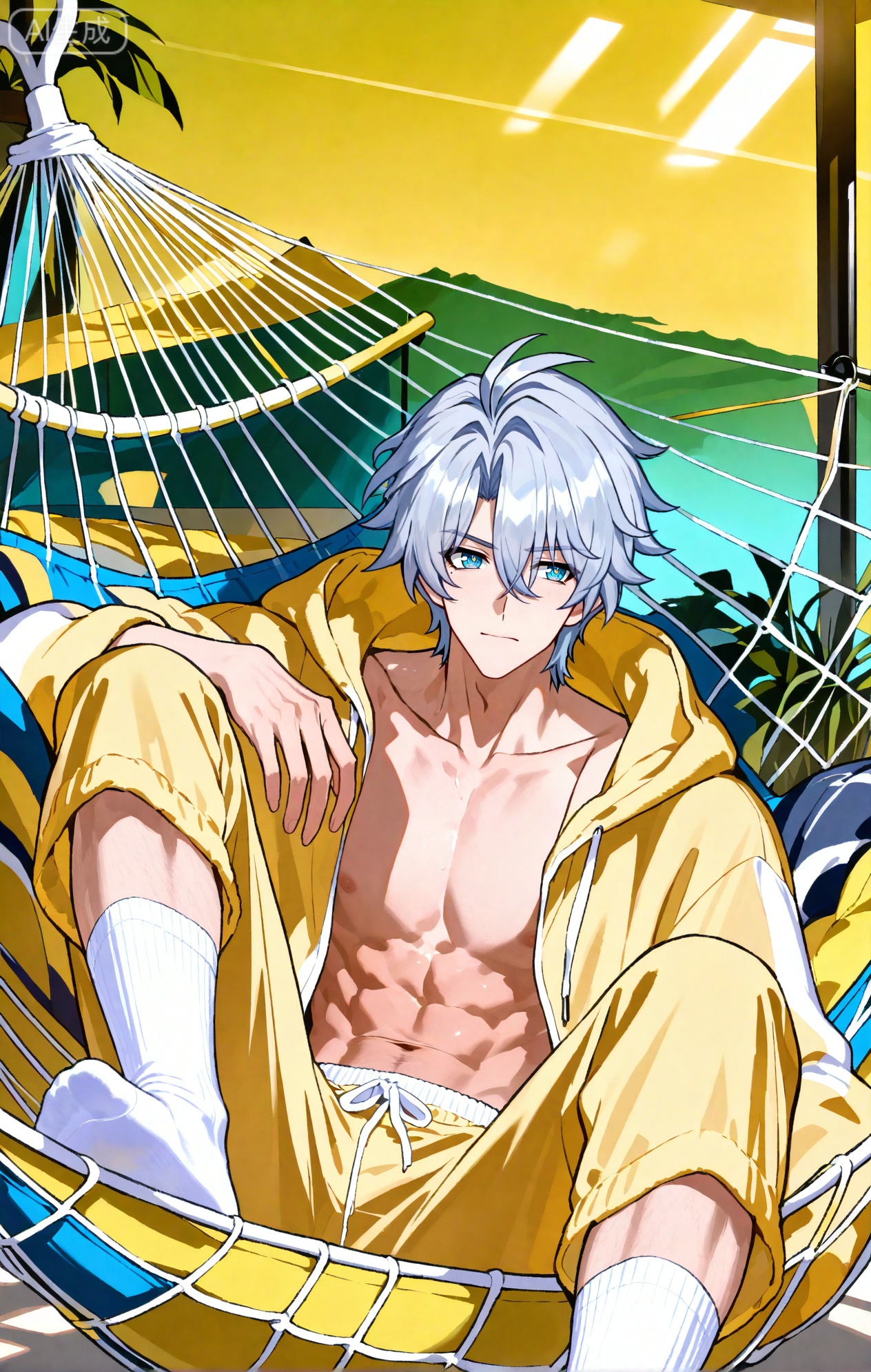 Small note art style,,xiaozhitiao,phainon (honkai: star rail)1boy,bangs ,socks,white socks,dianmei (artist:mazjojo:0.53),(artist:pigeon666:0.37),(artist:zawar379:0.57),(artist:remsrar:0.35),(artist:yoneyama mai:0.64),(yokoyari mengo:0.6),1boy,male focus,solo,medium - length wavy hair,hooded pajamas,hood down, a light - brown knitted scarf draped over his shoulders, his toned abs visible as he dozes off in a hammock on a wooden patio. The hammock is strung between two posts, and there's a small side table with a half - read book and a glass of lemonade. Potted ferns line the edges of the patio, and the afternoon sun casts a warm, yellow glow.,