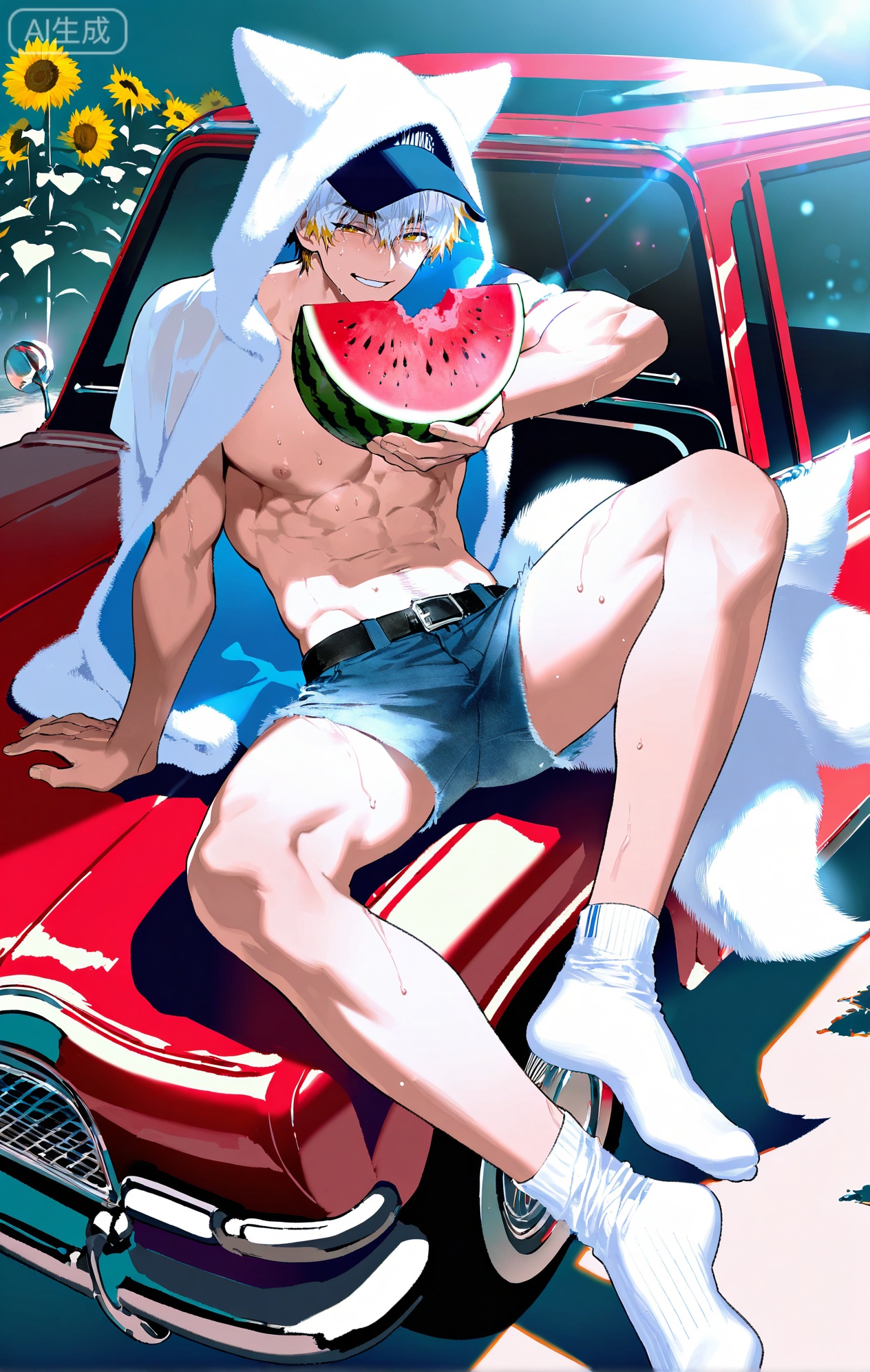 (artist:mazjojo:0.83),(artist:pigeon666:0.67),(artist:zawar379:0.77),(artist:remsrar:0.65),(artist:yoneyama mai:0.74),(artist:chimmyming:0.72),masterpiece,4k,hd,HDR,amazing quality,best quality,high resolution,goldenfieldszho,newest,very aesthetic,ultra-detailed,absurdres,perfect lighting,volumetric lighting,(bright, harsh sunlight of a summer day),shadowing,(good shadowing),depth of field,scenery,amazing aesthetics,cinematic lighting,cinematic,shading,(good shading),counter shading,subsurface scattering,intricate details,illustration,perfect hands,1boy,handsome,interesting,male focus,bara,sexy,solo,wiping sweat from his brow with his arm,
(a bright, energetic smile:1.4),(squinting slightly against the sun:1.2),
muscular male,abs,large pectorals,sweaty,
wearing (a white **** top:1.3), (denim shorts:1.4), (white ankle socks:1.4),(a baseball cap worn backwards:1.2),(nine fluffy white fox tails, spread out on the car hood:1.5),
(sitting on the hood of a vintage red car, holding a slice of watermelon:1.5),(taking a big bite of the watermelon:1.3),
background: a country road,sunflower field in the distance,backlit,dynamic pose,dynamic angle,detailed background,full body,bishounen,tall male,close-up,(soft color images:1.4),light particles,lens flare



Small note art style,,xiaozhitiao,yu xuan,multicolored hair,White dragon tail,White dragon horns,yellow eyes,white hair,blonde hair,1boy,bangs
,socks,white socks,dianmei