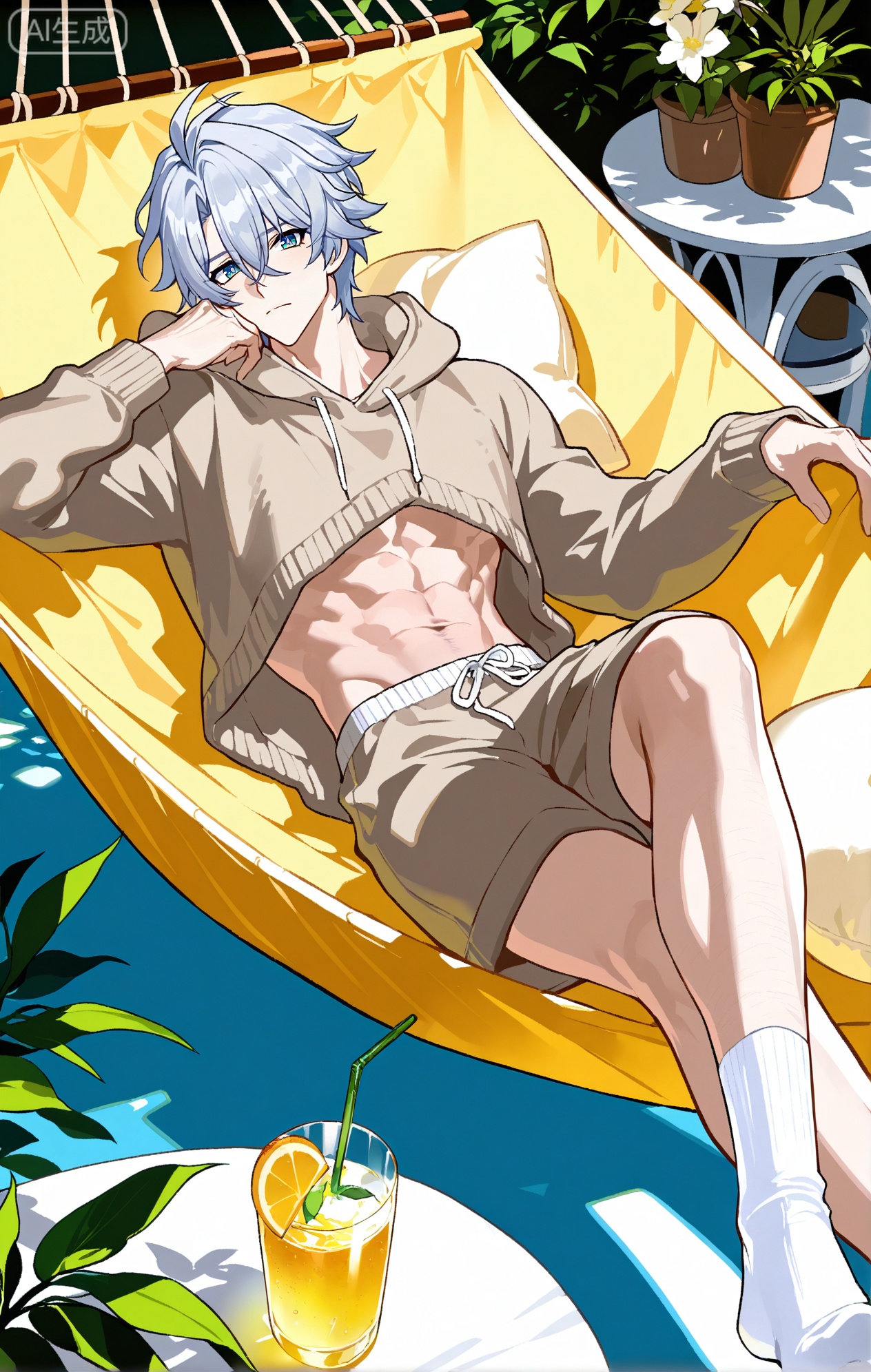 Small note art style,,xiaozhitiao,phainon (honkai: star rail)1boy,bangs ,socks,white socks,dianmei (artist:mazjojo:0.53),(artist:pigeon666:0.37),(artist:zawar379:0.57),(artist:remsrar:0.35),(artist:yoneyama mai:0.64),(yokoyari mengo:0.6),1boy,male focus,solo,medium - length wavy hair,hooded pajamas,hood down, a light - brown knitted scarf draped over his shoulders, his toned abs visible as he dozes off in a hammock on a wooden patio. The hammock is strung between two posts, and there's a small side table with a half - read book and a glass of lemonade. Potted ferns line the edges of the patio, and the afternoon sun casts a warm, yellow glow.,