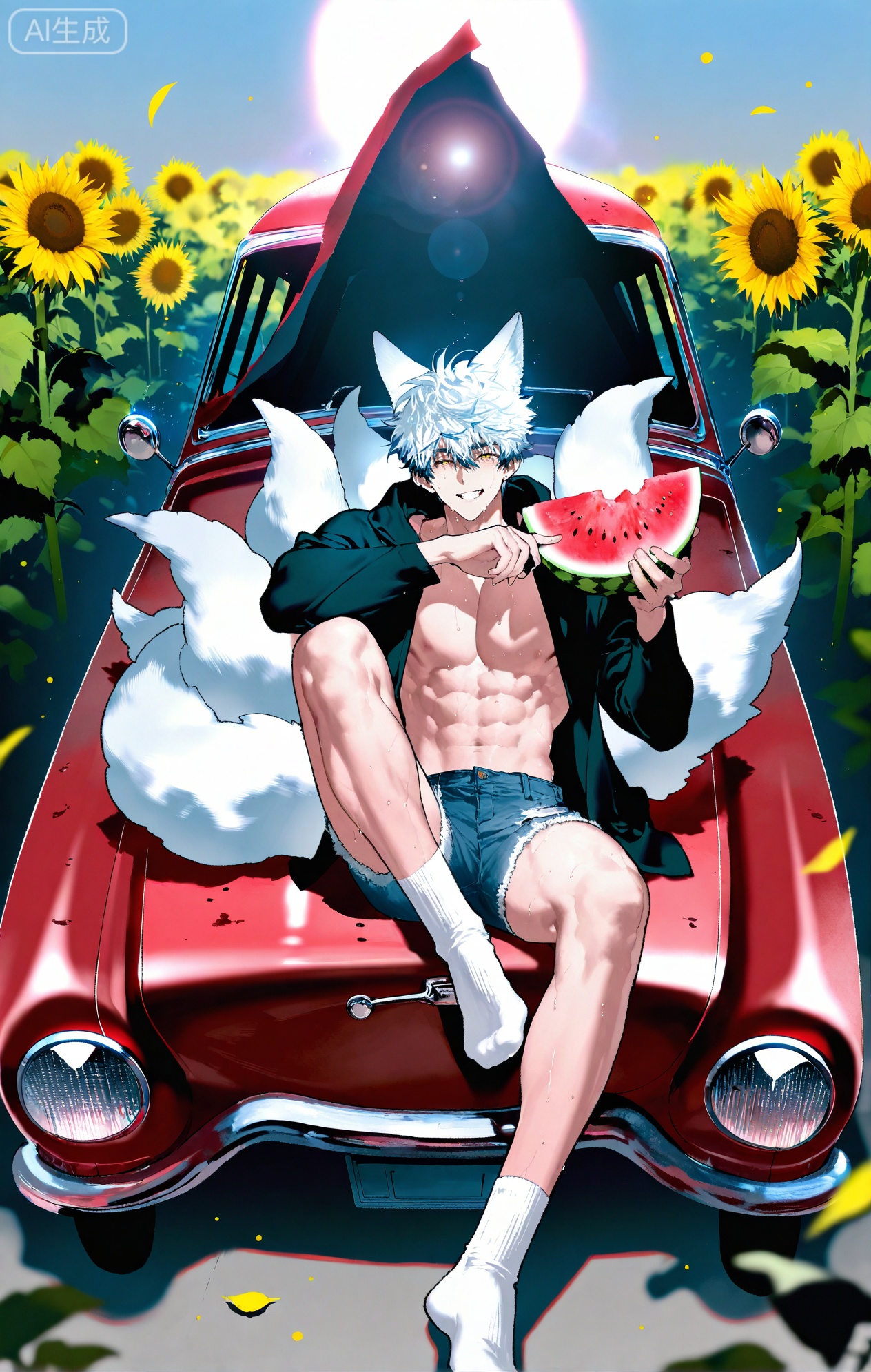 (artist:mazjojo:0.83),(artist:pigeon666:0.67),(artist:zawar379:0.77),(artist:remsrar:0.65),(artist:yoneyama mai:0.74),(artist:chimmyming:0.72),masterpiece,4k,hd,HDR,amazing quality,best quality,high resolution,goldenfieldszho,newest,very aesthetic,ultra-detailed,absurdres,perfect lighting,volumetric lighting,(bright, harsh sunlight of a summer day),shadowing,(good shadowing),depth of field,scenery,amazing aesthetics,cinematic lighting,cinematic,shading,(good shading),counter shading,subsurface scattering,intricate details,illustration,perfect hands,1boy,handsome,interesting,male focus,bara,sexy,solo,wiping sweat from his brow with his arm,
(a bright, energetic smile:1.4),(squinting slightly against the sun:1.2),
muscular male,abs,large pectorals,sweaty,
wearing (a white **** top:1.3), (denim shorts:1.4), (white ankle socks:1.4),(a baseball cap worn backwards:1.2),(nine fluffy white fox tails, spread out on the car hood:1.5),
(sitting on the hood of a vintage red car, holding a slice of watermelon:1.5),(taking a big bite of the watermelon:1.3),
background: a country road,sunflower field in the distance,backlit,dynamic pose,dynamic angle,detailed background,full body,bishounen,tall male,close-up,(soft color images:1.4),light particles,lens flare



Small note art style,,xiaozhitiao,yu xuan,multicolored hair,White dragon tail,White dragon horns,yellow eyes,white hair,blonde hair,1boy,bangs
,socks,white socks,dianmei