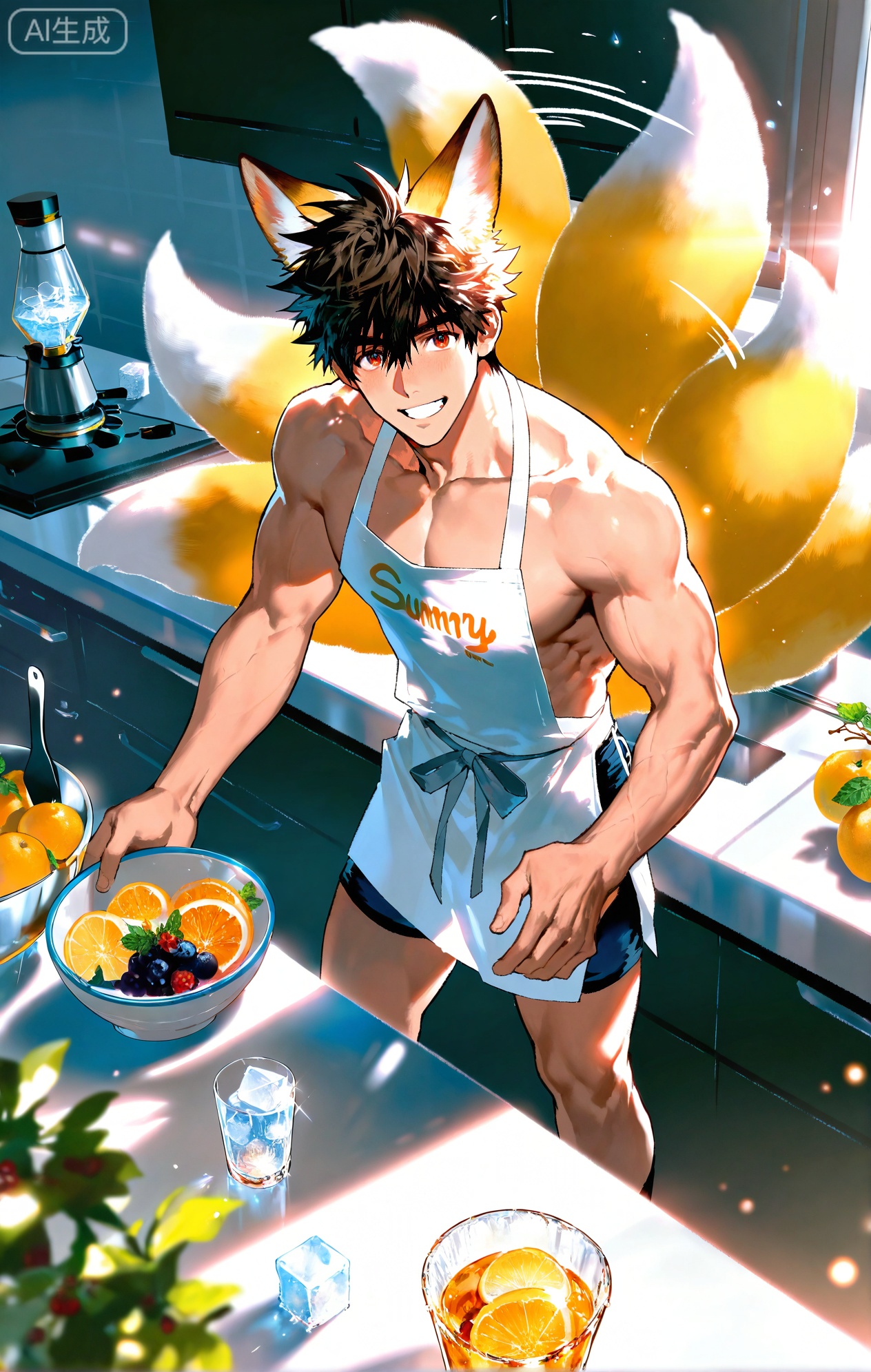 (artist:mazjojo:0.83),(artist:pigeon666:0.67),(artist:zawar379:0.77),(artist:remsrar:0.65),(artist:yoneyama mai:0.74),(artist:chimmyming:0.72),masterpiece,4k,hd,HDR,amazing quality,best quality,high resolution,goldenfieldszho,newest,very aesthetic,ultra-detailed,absurdres,perfect lighting,volumetric lighting,(bright, sunny kitchen lighting),shadowing,(good shadowing),depth of field,scenery,amazing aesthetics,cinematic lighting,cinematic,shading,(good shading),counter shading,subsurface scattering,intricate details,illustration,perfect hands,1boy,handsome,interesting,male focus,bara,sexy,solo,focused on his task,
(a content, happy smile as he works:1.4),(humming a tune:1.2),
muscular male,abs,large pectorals,
wearing (a simple apron over a **** top and shorts:1.5),(nine fluffy white fox tails, wagging slightly as he concentrates:1.5),
(standing at a kitchen counter, dropping ice cubes into a tall glass:1.5),(a blender filled with fruit smoothie nearby:1.3),
background: modern kitchen,bowls of fresh fruit (lemons, mint, berries),sunlight,backlit,dynamic pose,dynamic angle,detailed background,full body,bishounen,tall male,close-up,(soft color images:1.3),light particles,lens flare



,,xiaozhitiao