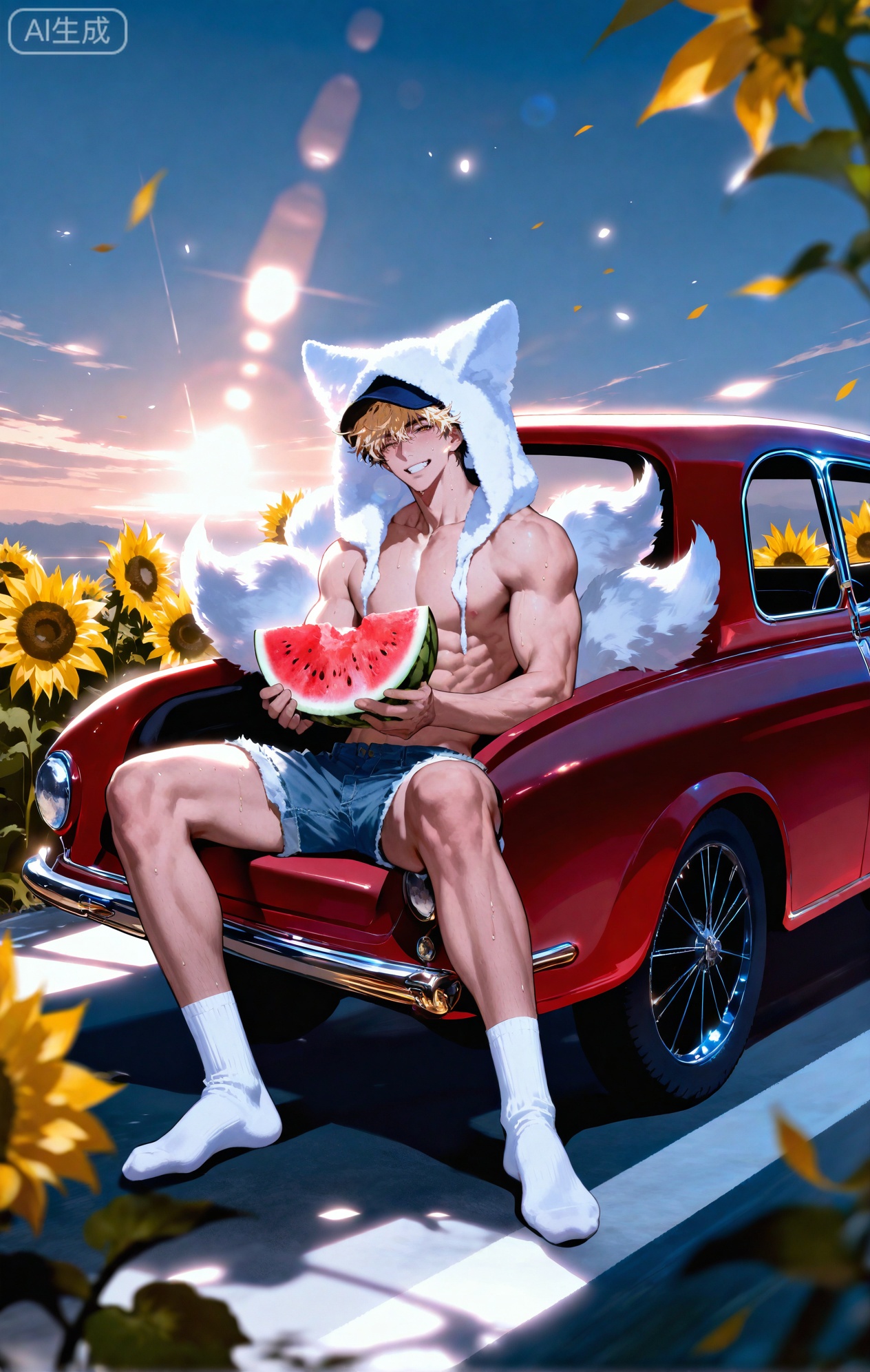 (artist:mazjojo:0.83),(artist:pigeon666:0.67),(artist:zawar379:0.77),(artist:remsrar:0.65),(artist:yoneyama mai:0.74),(artist:chimmyming:0.72),masterpiece,4k,hd,HDR,amazing quality,best quality,high resolution,goldenfieldszho,newest,very aesthetic,ultra-detailed,absurdres,perfect lighting,volumetric lighting,(bright, harsh sunlight of a summer day),shadowing,(good shadowing),depth of field,scenery,amazing aesthetics,cinematic lighting,cinematic,shading,(good shading),counter shading,subsurface scattering,intricate details,illustration,perfect hands,1boy,handsome,interesting,male focus,bara,sexy,solo,wiping sweat from his brow with his arm,
(a bright, energetic smile:1.4),(squinting slightly against the sun:1.2),
muscular male,abs,large pectorals,sweaty,
wearing (a white **** top:1.3), (denim shorts:1.4), (white ankle socks:1.4),(a baseball cap worn backwards:1.2),(nine fluffy white fox tails, spread out on the car hood:1.5),
(sitting on the hood of a vintage red car, holding a slice of watermelon:1.5),(taking a big bite of the watermelon:1.3),
background: a country road,sunflower field in the distance,backlit,dynamic pose,dynamic angle,detailed background,full body,bishounen,tall male,close-up,(soft color images:1.4),light particles,lens flare



Small note art style,,xiaozhitiao,yu xuan,multicolored hair,White dragon tail,White dragon horns,yellow eyes,white hair,blonde hair,1boy,bangs
,socks,white socks,dianmei