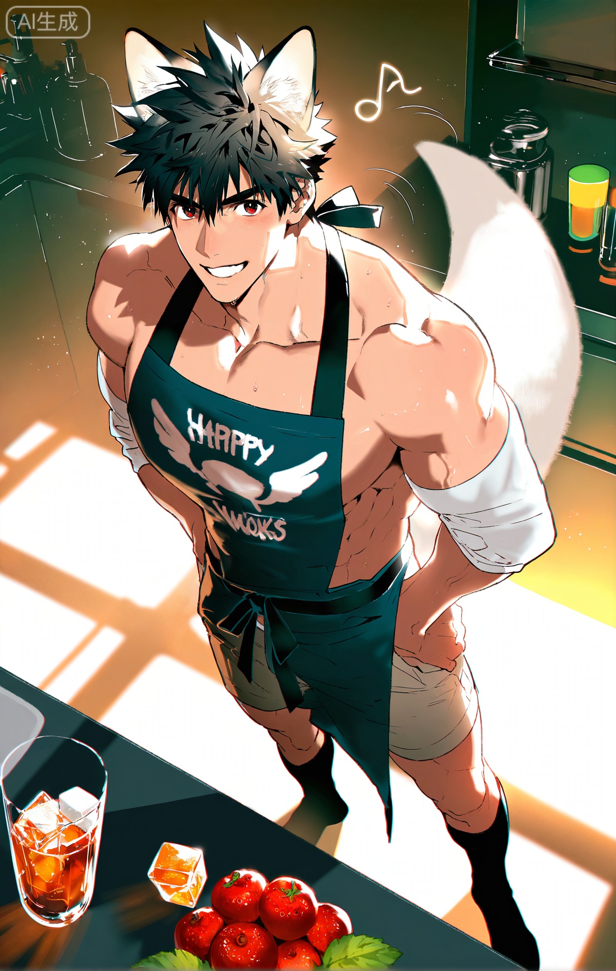 (artist:mazjojo:0.83),(artist:pigeon666:0.67),(artist:zawar379:0.77),(artist:remsrar:0.65),(artist:yoneyama mai:0.74),(artist:chimmyming:0.72),masterpiece,4k,hd,HDR,amazing quality,best quality,high resolution,goldenfieldszho,newest,very aesthetic,ultra-detailed,absurdres,perfect lighting,volumetric lighting,(bright, sunny kitchen lighting),shadowing,(good shadowing),depth of field,scenery,amazing aesthetics,cinematic lighting,cinematic,shading,(good shading),counter shading,subsurface scattering,intricate details,illustration,perfect hands,1boy,handsome,interesting,male focus,bara,sexy,solo,focused on his task,
(a content, happy smile as he works:1.4),(humming a tune:1.2),
muscular male,abs,large pectorals,
wearing (a simple apron over a **** top and shorts:1.5),(nine fluffy white fox tails, wagging slightly as he concentrates:1.5),
(standing at a kitchen counter, dropping ice cubes into a tall glass:1.5),(a blender filled with fruit smoothie nearby:1.3),
background: modern kitchen,bowls of fresh fruit (lemons, mint, berries),sunlight,backlit,dynamic pose,dynamic angle,detailed background,full body,bishounen,tall male,close-up,(soft color images:1.3),light particles,lens flare



,,xiaozhitiao