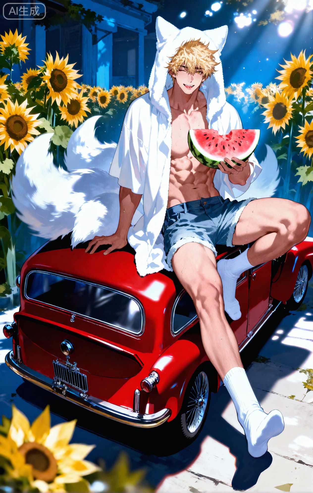 (artist:mazjojo:0.83),(artist:pigeon666:0.67),(artist:zawar379:0.77),(artist:remsrar:0.65),(artist:yoneyama mai:0.74),(artist:chimmyming:0.72),masterpiece,4k,hd,HDR,amazing quality,best quality,high resolution,goldenfieldszho,newest,very aesthetic,ultra-detailed,absurdres,perfect lighting,volumetric lighting,(bright, harsh sunlight of a summer day),shadowing,(good shadowing),depth of field,scenery,amazing aesthetics,cinematic lighting,cinematic,shading,(good shading),counter shading,subsurface scattering,intricate details,illustration,perfect hands,1boy,handsome,interesting,male focus,bara,sexy,solo,wiping sweat from his brow with his arm,
(a bright, energetic smile:1.4),(squinting slightly against the sun:1.2),
muscular male,abs,large pectorals,sweaty,
wearing (a white **** top:1.3), (denim shorts:1.4), (white ankle socks:1.4),(a baseball cap worn backwards:1.2),(nine fluffy white fox tails, spread out on the car hood:1.5),
(sitting on the hood of a vintage red car, holding a slice of watermelon:1.5),(taking a big bite of the watermelon:1.3),
background: a country road,sunflower field in the distance,backlit,dynamic pose,dynamic angle,detailed background,full body,bishounen,tall male,close-up,(soft color images:1.4),light particles,lens flare



Small note art style,,xiaozhitiao,yu xuan,multicolored hair,White dragon tail,White dragon horns,yellow eyes,white hair,blonde hair,1boy,bangs
,socks,white socks,dianmei