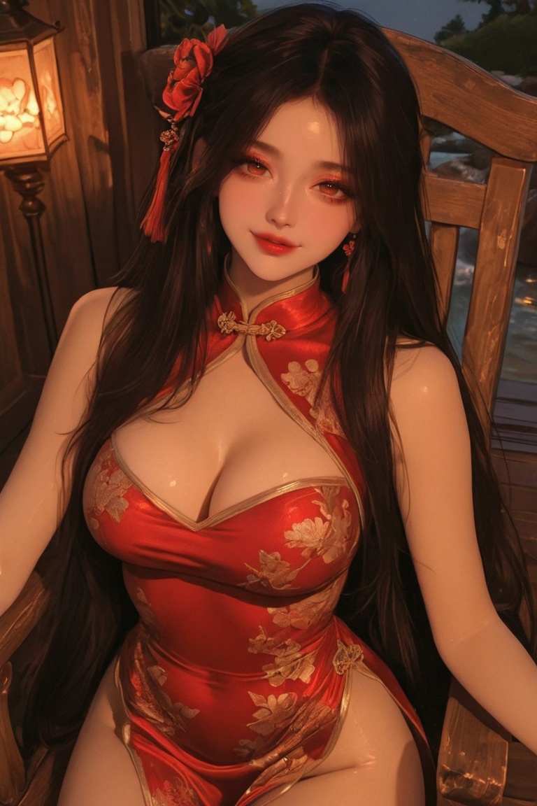 A sultry Thai beauty sits provocatively on a high-backed wooden chair,  her long hair cascading down like a waterfall of d...