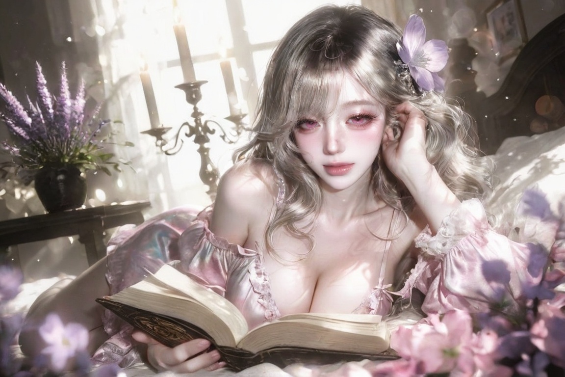 A breathtaking beautiful young asian girl hair adorned with small lavender and pink flowers,  delicate soft features,  gen...