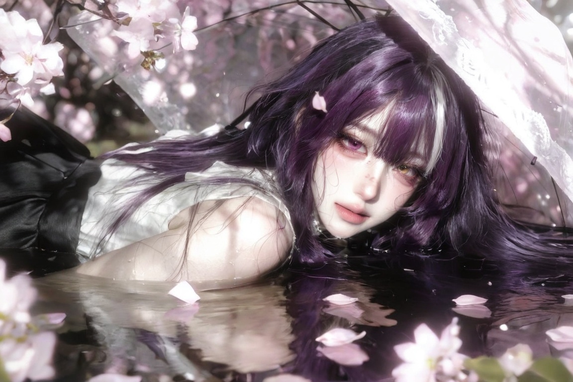 A breathtaking beautiful young asian girl hair floating gently,  delicate pale skin,  serene peaceful expression with eyes...