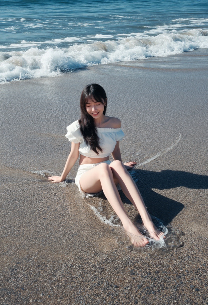 jvibes,  wide-angle shot of a relaxed girl with long hair,  wearing an off-shoulder midriff blouse on Tensor.Art
