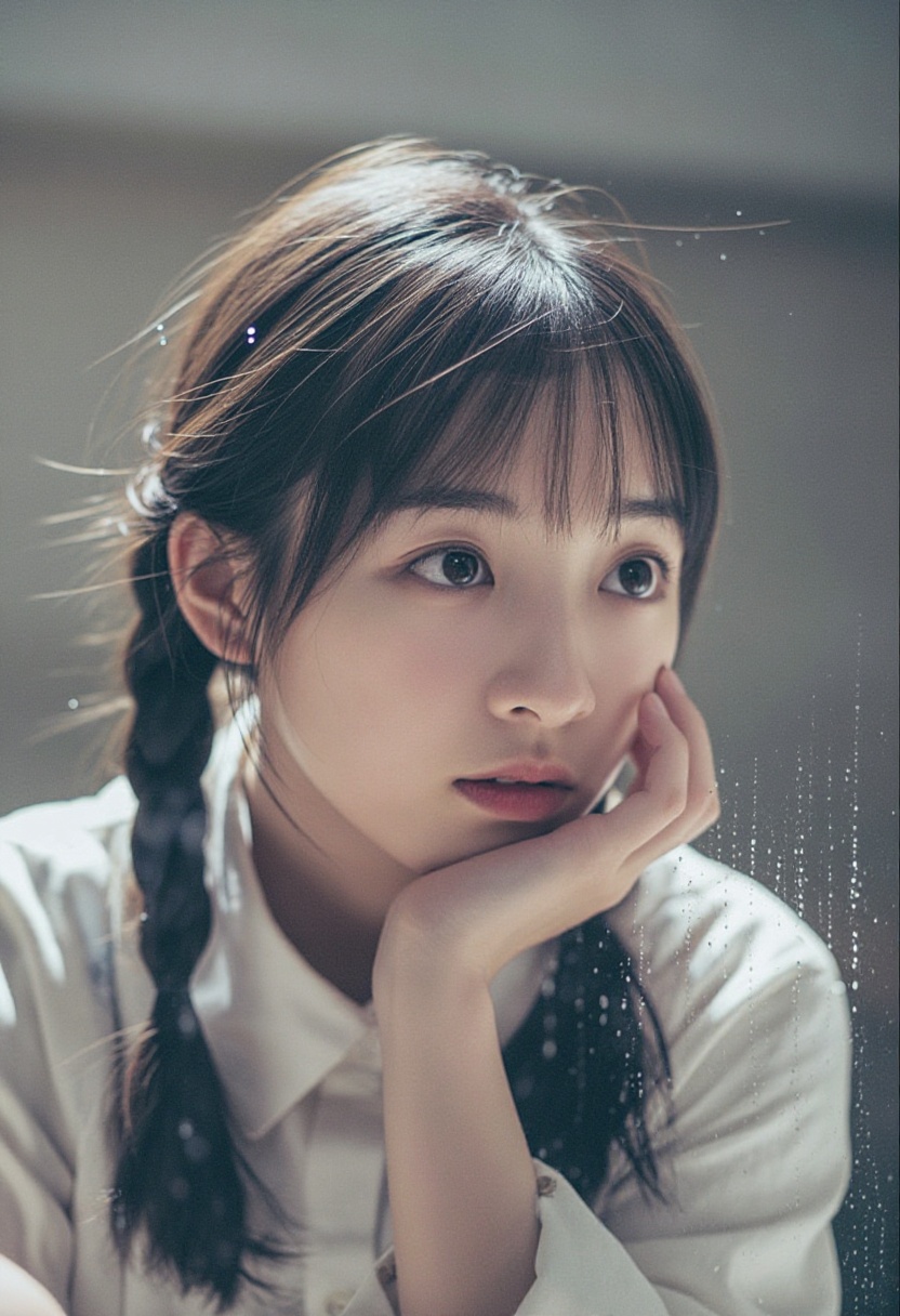 jvibes,  soft-focus portrait of a curious girl with braided hair,  resting her chin thoughtfully on her hand on Tensor.Art
