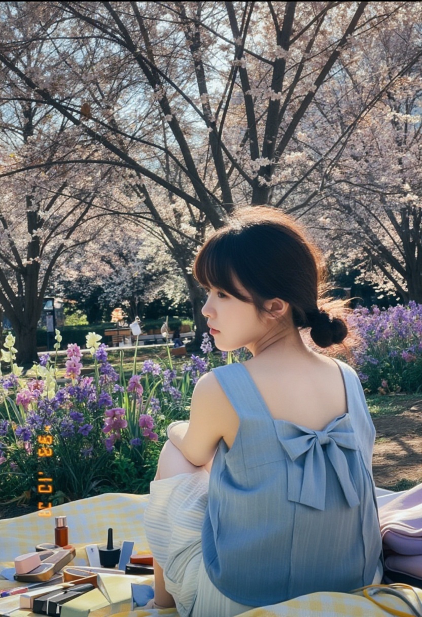 jvibes,  over-the-shoulder shot of a shy girl with her hair in pigtails,  wearing a soft blue camisole with a bow detail o...