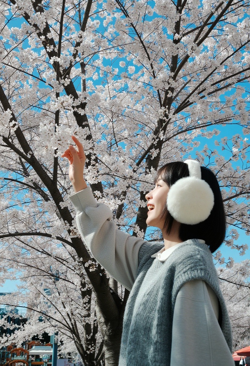 jvibes,  over-the-shoulder shot of an adorable woman with a short bob and fluffy earmuffs,  smiling cheerfully as she reac...