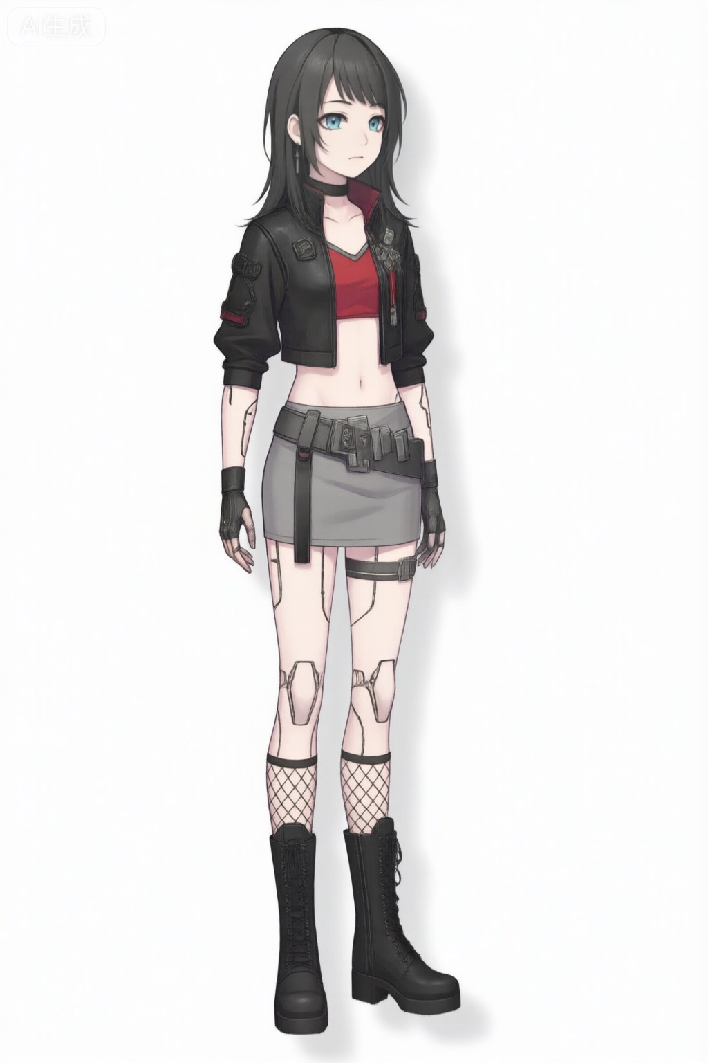 masterpiece, best quality,solo,white background,simple_background,Yahata Umiri,cybersaki_style,black hair,long hair,blue eyes,bangs,swept bangs,skirt,jewelry,jacket,earrings,choker,black jacket,red shirt,leather,leather jacket,navel,cropped jacket,android,joints,robot joints,boots,belt,black footwear,grey skirt,pencil skirt,fishnets