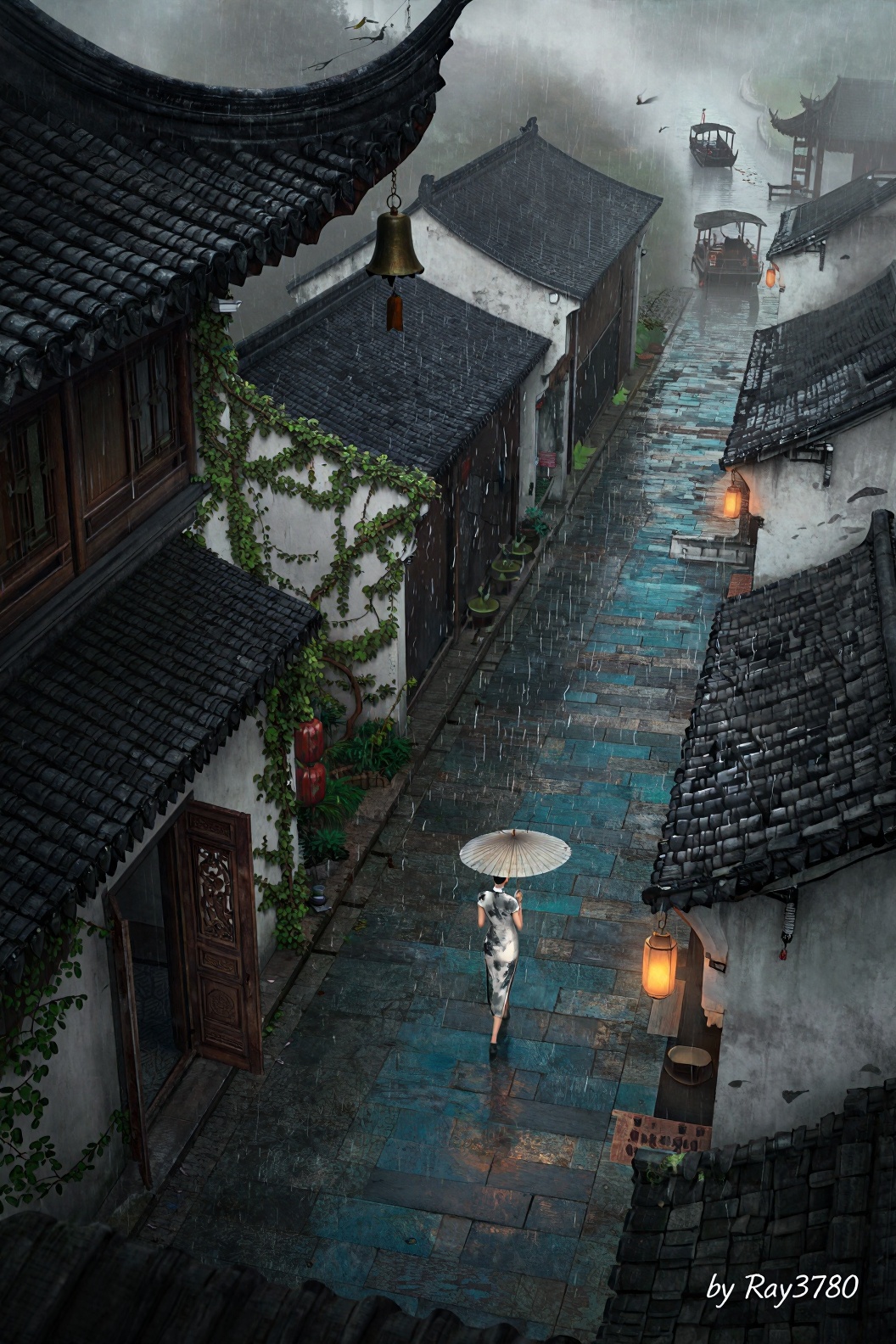 Hyper-realistic bird’s-eye long shot,  framed diagonally downward from the upturned eaves of black-tiled roofs. A woman in...