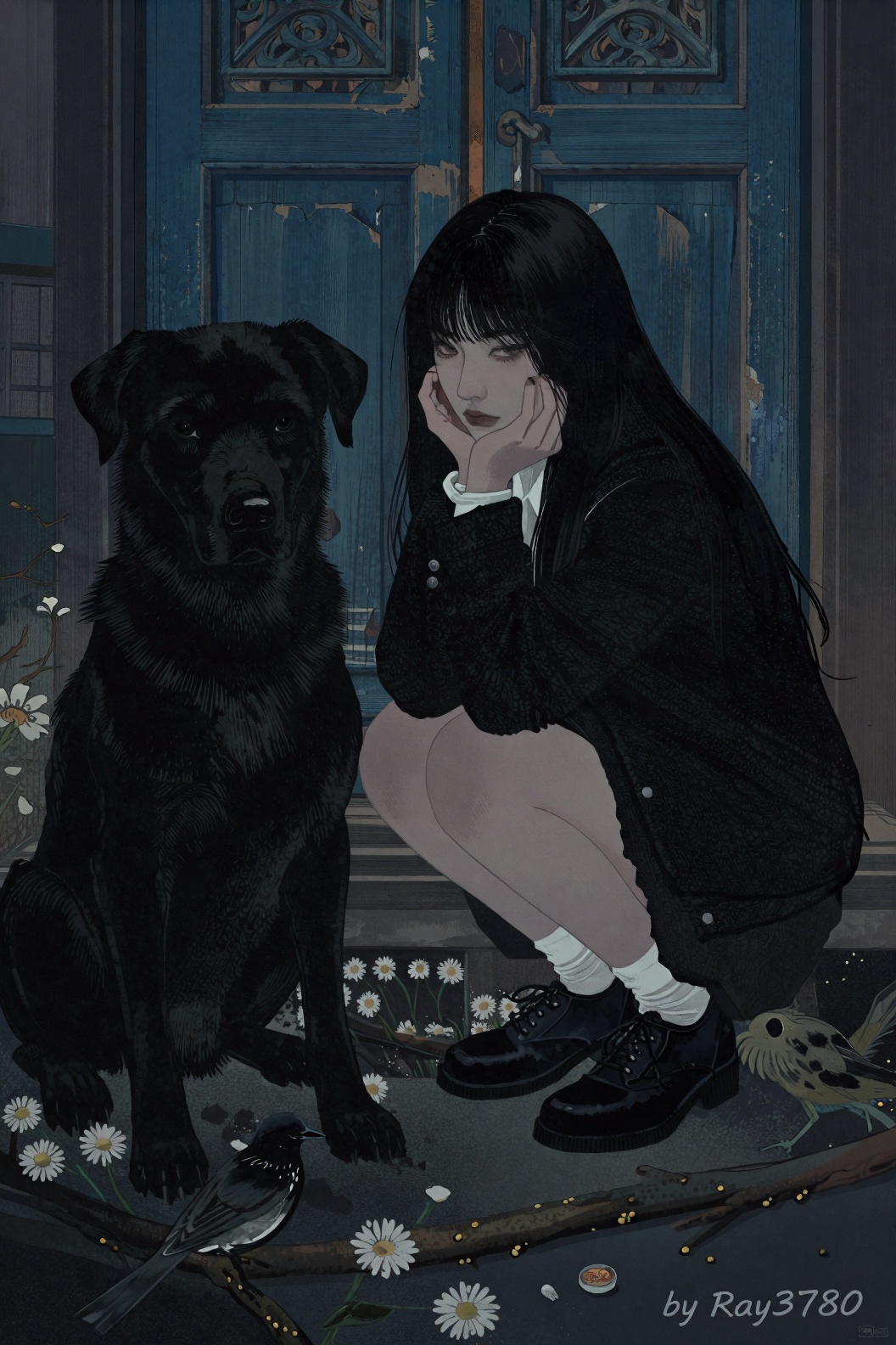 masterpiece,  best quality,  日式浮世绘风格。一位有着黑色长发和苍白皮肤的年轻女子 on Tensor.Art