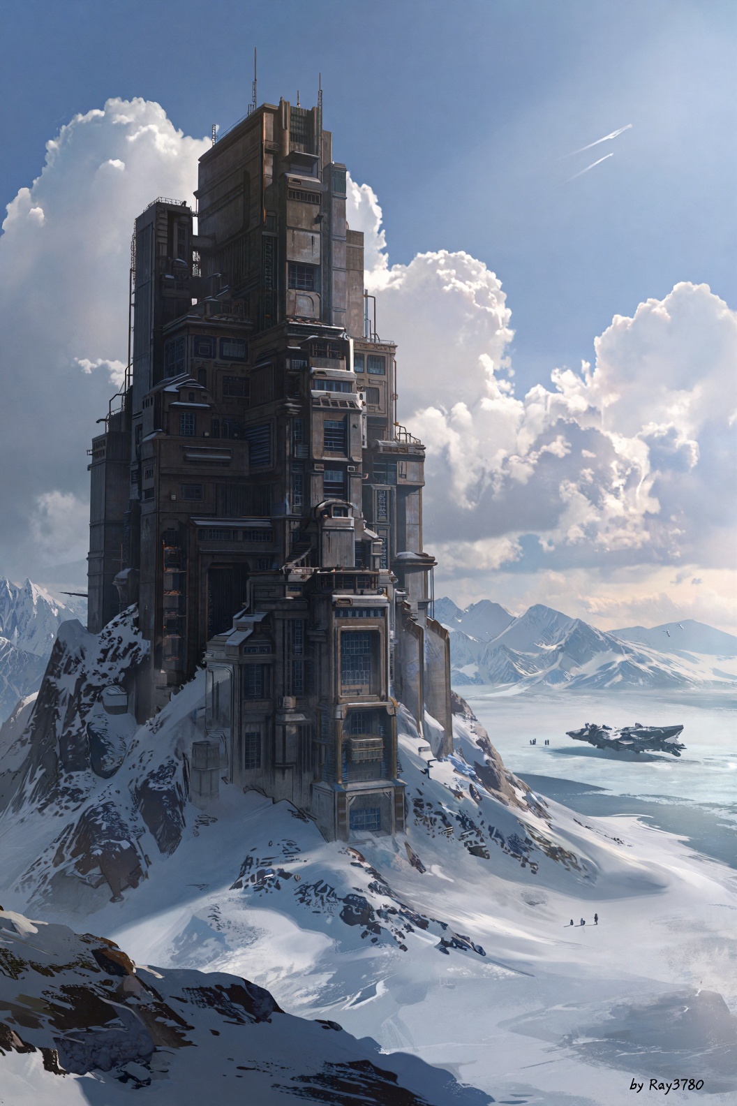 midjourney风格,  这幅数字绘画描绘了一座雄伟的巨大的工业基地坐落在白雪覆盖的山顶上。这座工业基地由深色、风化的混凝土建造而成,  有多层、高而窄的窗户和复杂的建筑细节。雪覆盖着岩石地形 on Tensor.Art