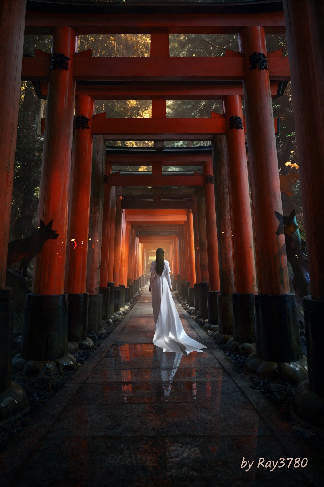 Wide-angle vertical cinematic long shot,  24mm lens. A solitary,  stunningly beautiful East Asian Japanese model walking a...