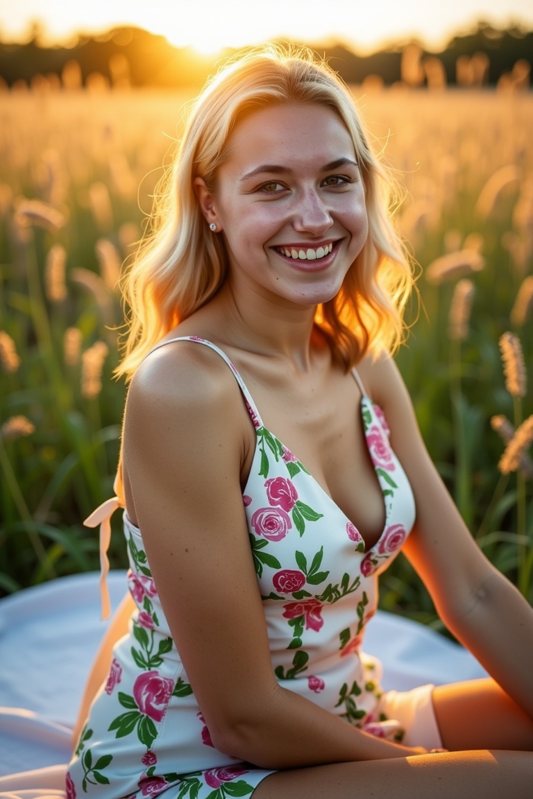 miva,  three-quarter body shot of a beautiful blonde woman seated on a picnic blanket in a meadow during golden hour. She...