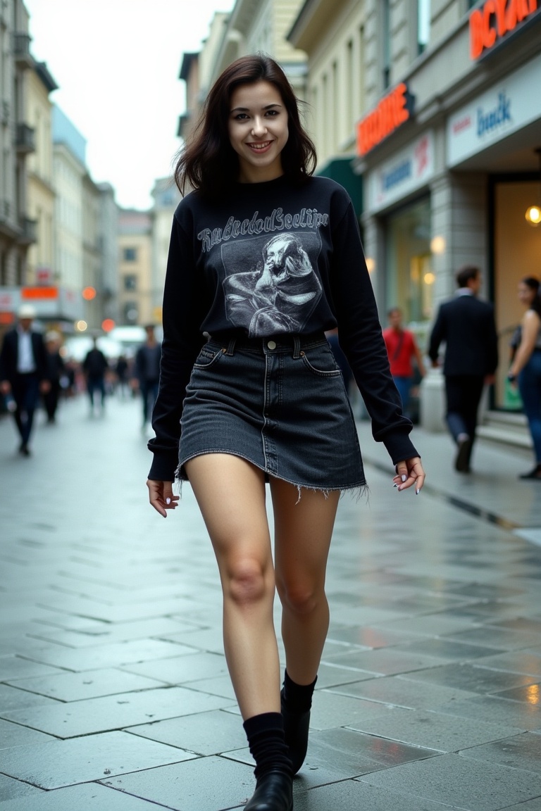 miva,  three-quarter full body analog-style photograph,  paused mid-step with one foot forward and torso slightly twisted...