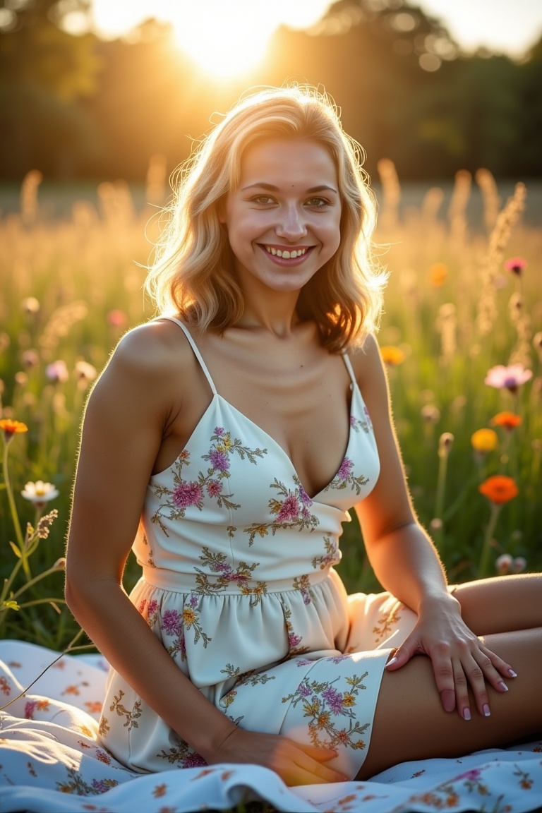 miva,  three-quarter body shot of a beautiful blonde woman seated on a picnic blanket in a meadow during golden hour. She...