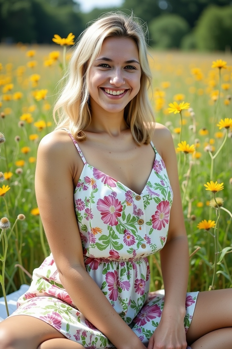 miva,  3/4 body shot of a beautiful blonde European woman in casual sundress with floral print,  seated on a picnic blanke...