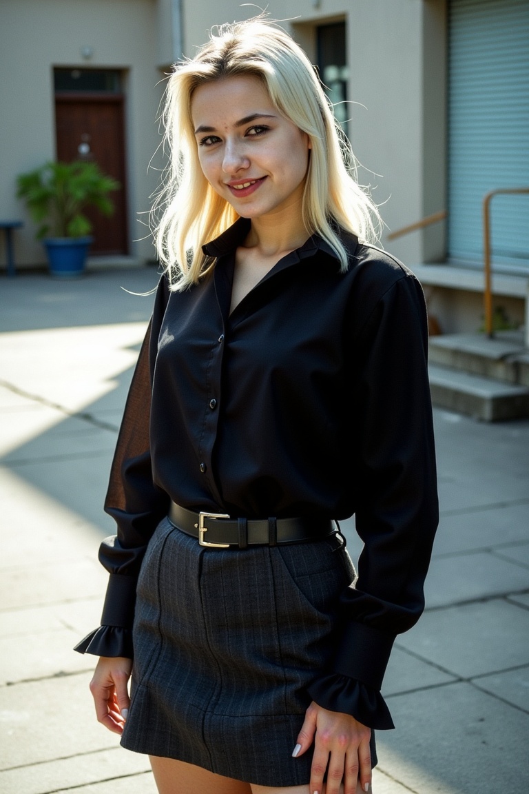 full body analog-style photograph,  upright stance with arms relaxed at sides and chin slightly raised,  confident youthfu...