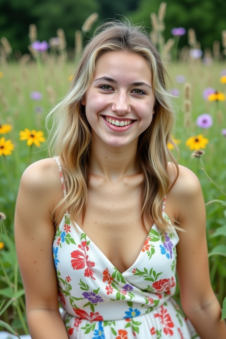 miva,  3/4 body shot of a beautiful blonde European woman in casual sundress with floral print,  seated on a picnic blanke...
