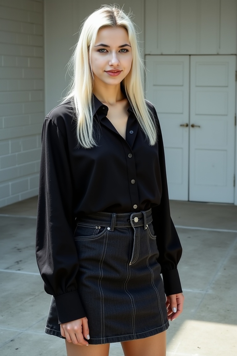 full body analog-style photograph,  upright stance with arms relaxed at sides and chin slightly raised,  confident youthfu...