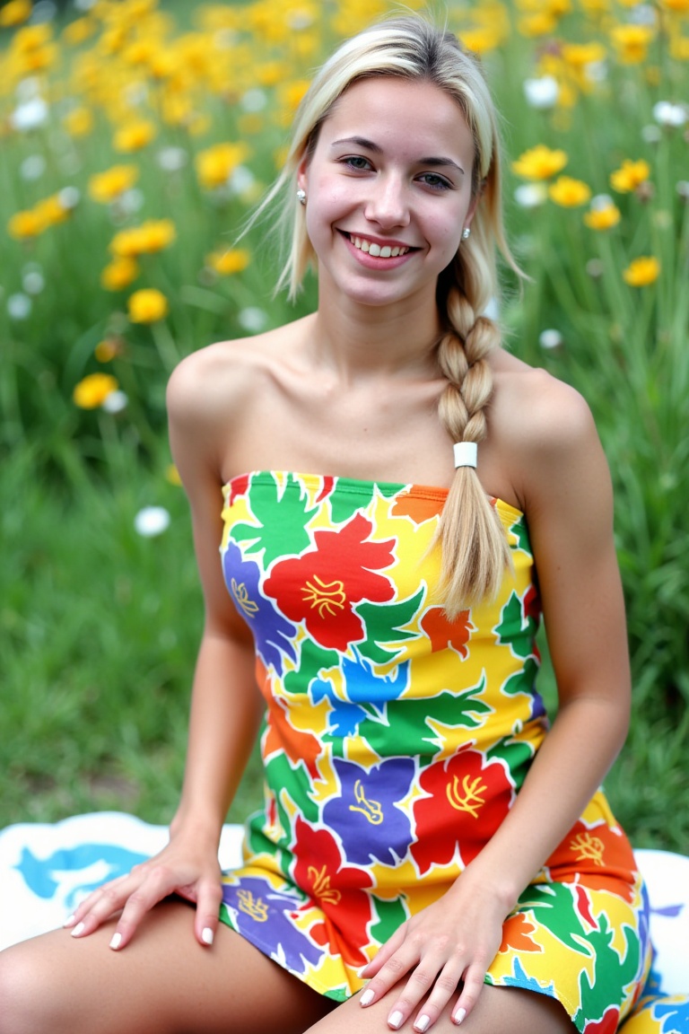 miva,  Three-quarter body shot of a beautiful blonde woman seated casually on a picnic blanket in a meadow,  her sundress...