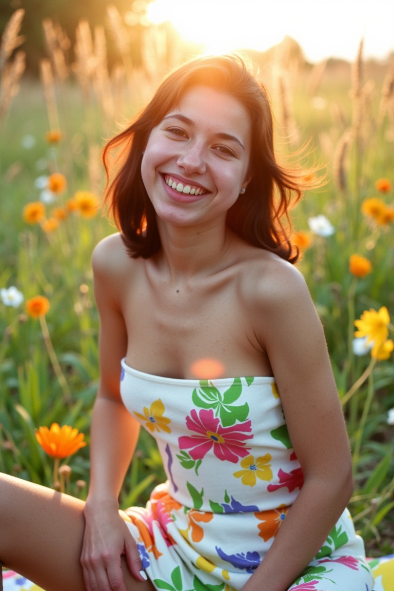 miva,  Three-quarter body shot of a beautiful woman with rich brown hair styled in voluminous curls,  seated on a picnic b...
