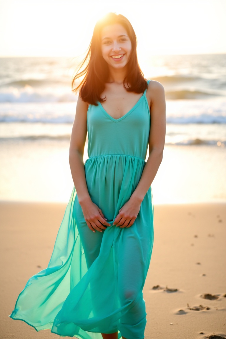 miva,  Half-body portrait of a beautiful woman with brown hair styled in soft curls,  standing barefoot on a sandy beach a...