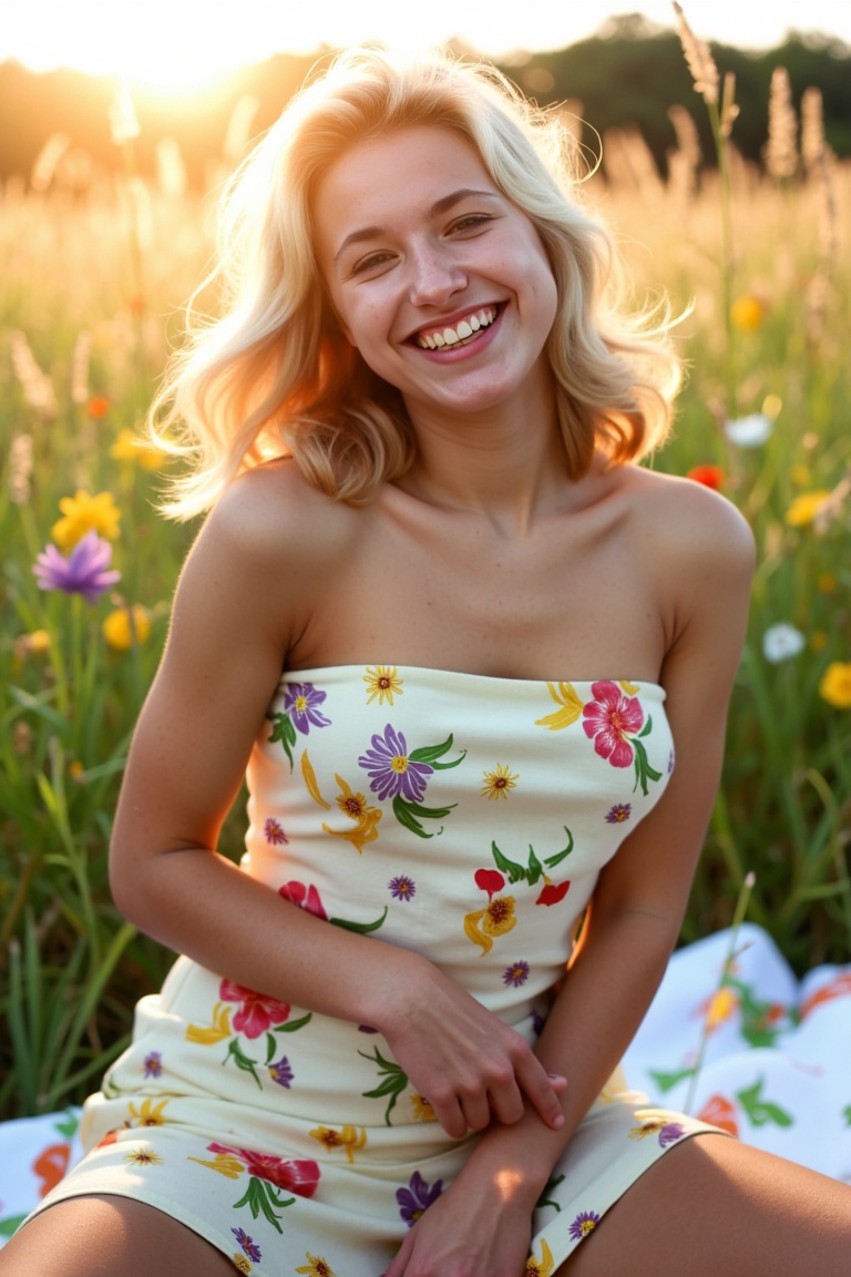 miva,  three-quarter body shot of a beautiful blonde woman seated on a picnic blanket in a meadow during golden hour. She...