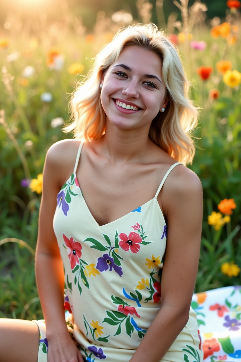 miva,  three-quarter body shot of a beautiful blonde woman seated on a picnic blanket in a meadow during golden hour. She...