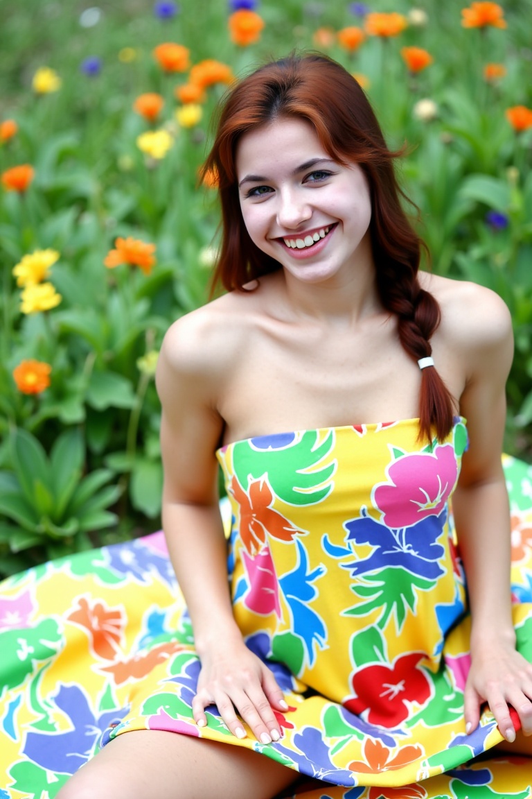 miva,  Three-quarter body shot of a beautiful woman with brown hair touched by auburn highlights,  seated casually on a pi...