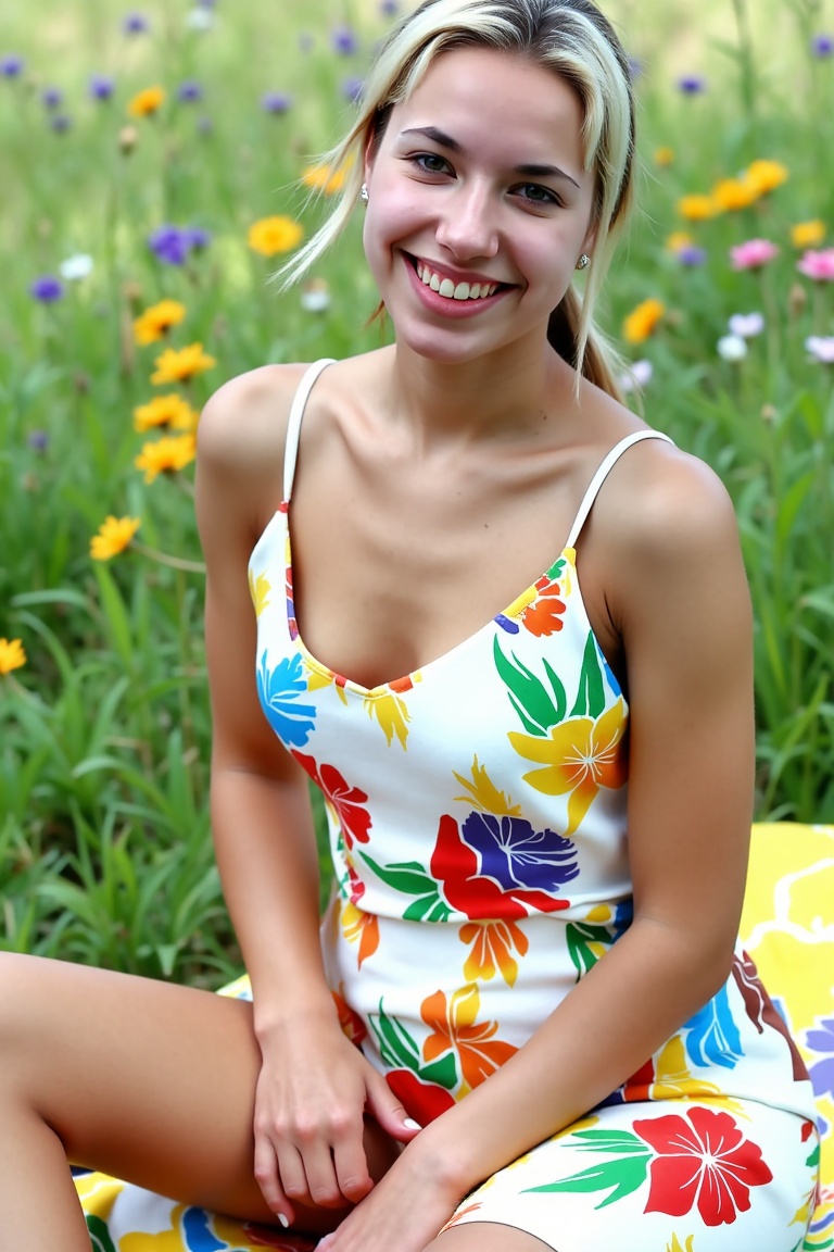 miva,  Three-quarter body shot of a beautiful blonde woman seated casually on a picnic blanket in a meadow,  her sundress...