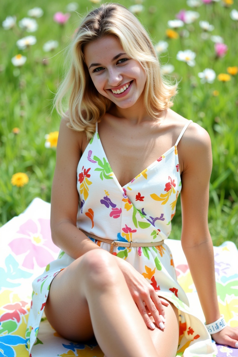 miva,  Three-quarter body shot of a beautiful blonde woman seated gracefully on a picnic blanket in a sunlit meadow. She w...