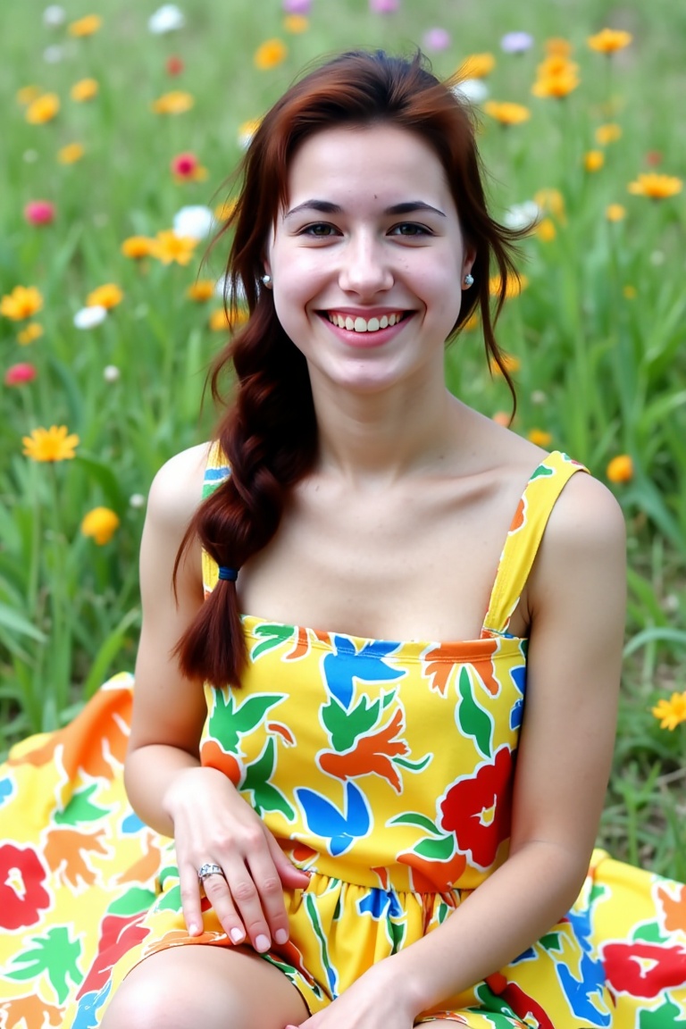 miva,  Three-quarter body shot of a beautiful woman with brown hair touched by auburn highlights,  seated casually on a pi...