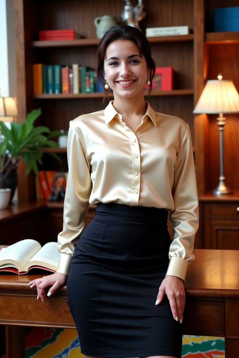 miva,  Three-quarter body shot of a beautiful brunette woman inside a grand library. She wears a fitted pencil skirt with...