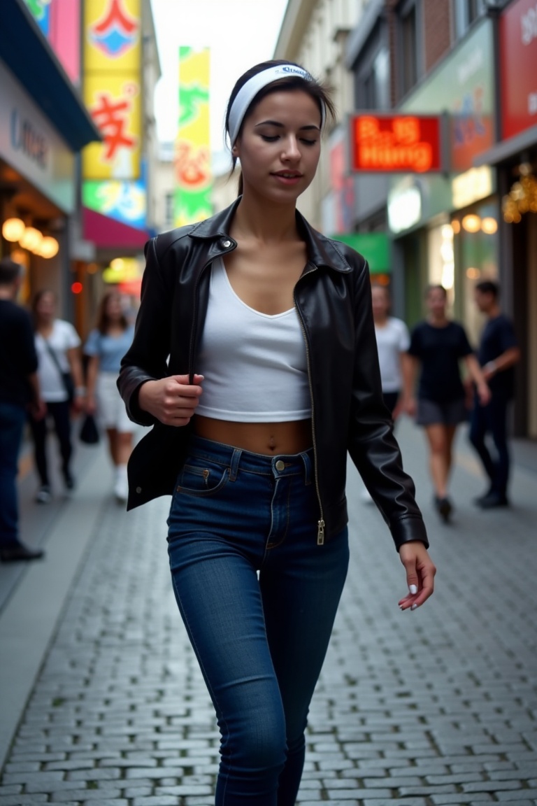 miva,  Three-quarter body shot of a beautiful brunette woman walking down a cobblestone street in the city. She wears a fi...