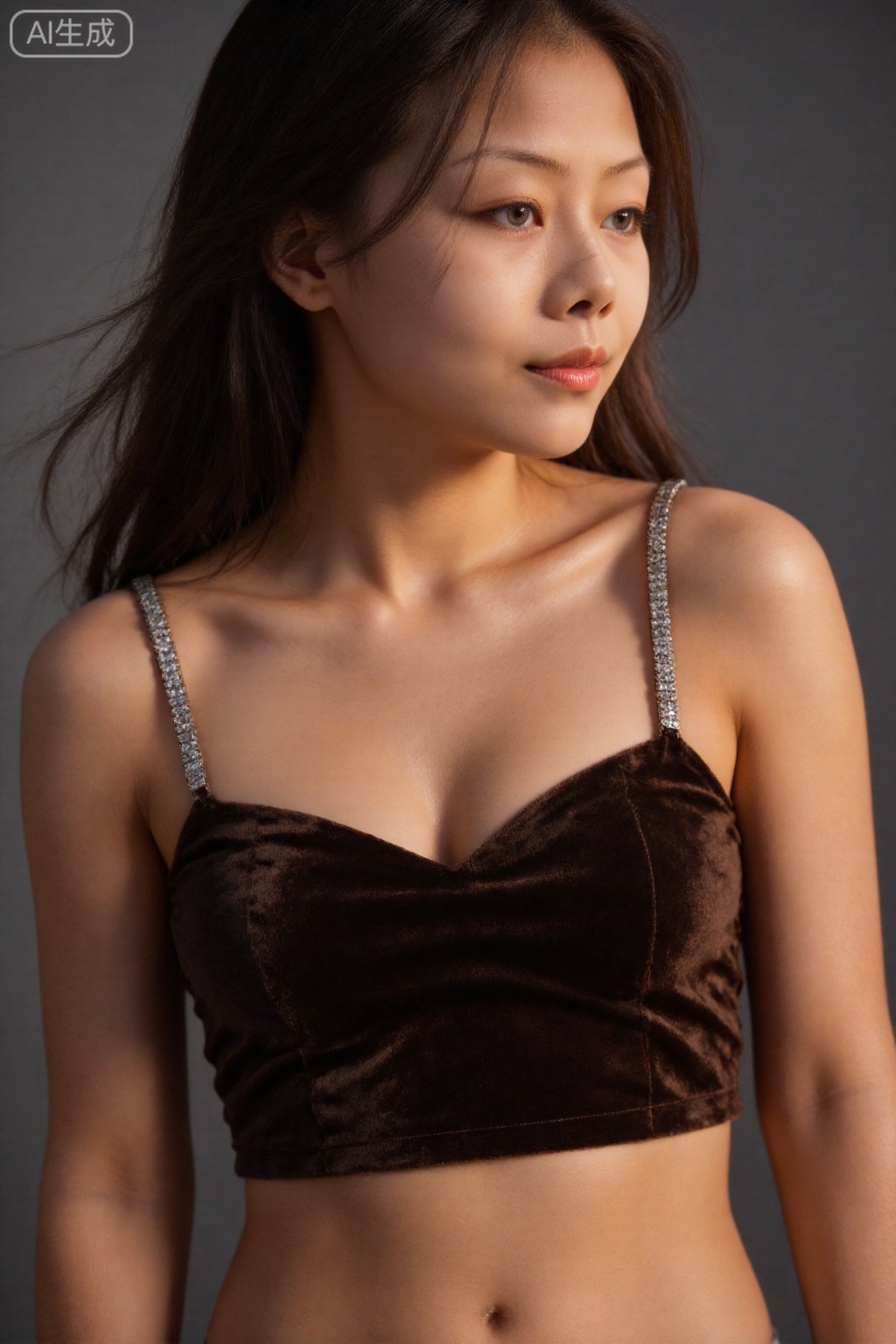 32K ultra-realistic, high-end mockup style, solid smoky gray background; close-up of the upper body, the cold girl wears a dark brown velvet strapless short tube top, the velvet sticks to the skin to outline the outline of the chest, the length of the dress only reaches below the chest, revealing the slender lines of the waist and abdomen, the shoulder straps are embellished with fine diamonds, and the shimmer is hidden in the cold tone; the hair is low-cut Hair, a few strands of wet hair hang down the back of the neck, eyes are light and seductive, lips are painted with cool nude brown, and the tip of the tongue is lightly licked on the lip peaks, the posture is relaxed but with tension; hard light + side backlighting is used to highlight the velvet texture and waist and abdomen lines, the skin retains natural pores, and the cold temperament is wrapped in straightforward sexiness, completely stepping into the "cold desire" atmosphere of the mid-model card