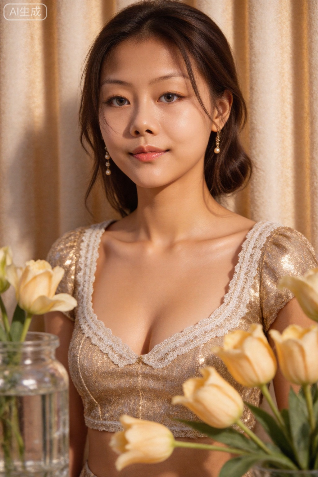 SUNSHINE Cover-level close-up of the upper body, the supermodel has a cool temperament in a high-end dress, her hair is in an updo style, her hair is smooth and neatly pulled into a low bun, the bun is decorated with pearl hair accessories, and the broken hair on the sideburns is styled to reveal the swan neck line; her makeup is high-end pearlescent makeup, with the base The makeup is delicate and flawless. The facial highlight is champagne-colored pearlescent highlighter. Gently apply it on the bridge of the nose, cheekbones and browbones to bring out a high-end luster. The eye makeup is earth-colored pearlescent eyeshadow, with fine shimmering golden brown added to the ends of the eyes. The eyelashes are long and curled, the eyeliner is thin and smooth, and the lip makeup is velvet. The ground is nude beige, the lips are full, the eyebrow shape is standard, the eyebrow peak is soft, and the eyebrow color is dark brown; she is wearing a high-definition sequin tube top, the sequins are champagne matte texture, the edge of the tube top is lace-edged, and the waist is tightened; the lighting is warm and soft, and the face The light is soft and translucent, and the highlights at the collarbone are naturally brightened. The background is a champagne-colored velvet curtain, which has a full sense of drape. A crystal vase and champagne-colored tulips are placed in front of the curtain. The crystal vase reflects soft light, and the tulip petals are full and elegant. The overall color is champagne gold. + Off-white + Light brown, gorgeous and elegant, full of supermodel haute couture texture.