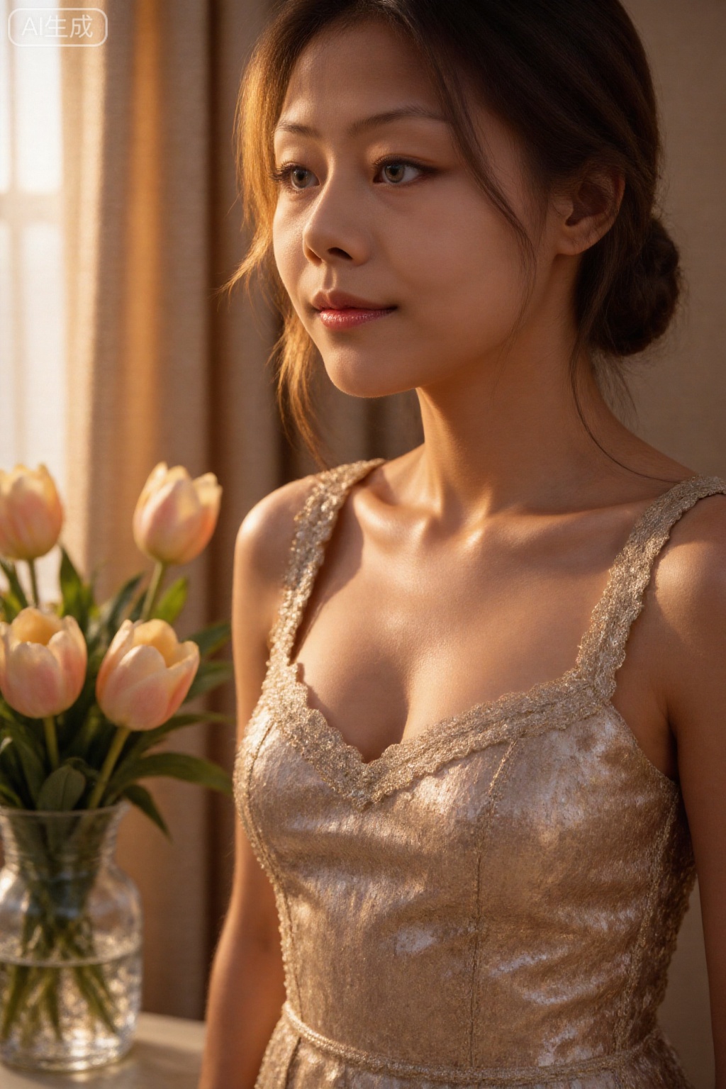 SUNSHINE Cover-level close-up of the upper body, the supermodel has a cool temperament in a high-end dress, her hair is in an updo style, her hair is smooth and neatly pulled into a low bun, the bun is decorated with pearl hair accessories, and the broken hair on the sideburns is styled to reveal the swan neck line; her makeup is high-end pearlescent makeup, with the base The makeup is delicate and flawless. The facial highlight is champagne-colored pearlescent highlighter. Gently apply it on the bridge of the nose, cheekbones and browbones to bring out a high-end luster. The eye makeup is earth-colored pearlescent eyeshadow, with fine shimmering golden brown added to the ends of the eyes. The eyelashes are long and curled, the eyeliner is thin and smooth, and the lip makeup is velvet. The ground is nude beige, the lips are full, the eyebrow shape is standard, the eyebrow peak is soft, and the eyebrow color is dark brown; she is wearing a high-definition sequin tube top, the sequins are champagne matte texture, the edge of the tube top is lace-edged, and the waist is tightened; the lighting is warm and soft, and the face The light is soft and translucent, and the highlights at the collarbone are naturally brightened. The background is a champagne-colored velvet curtain, which has a full sense of drape. A crystal vase and champagne-colored tulips are placed in front of the curtain. The crystal vase reflects soft light, and the tulip petals are full and elegant. The overall color is champagne gold. + Off-white + Light brown, gorgeous and elegant, full of supermodel haute couture texture.